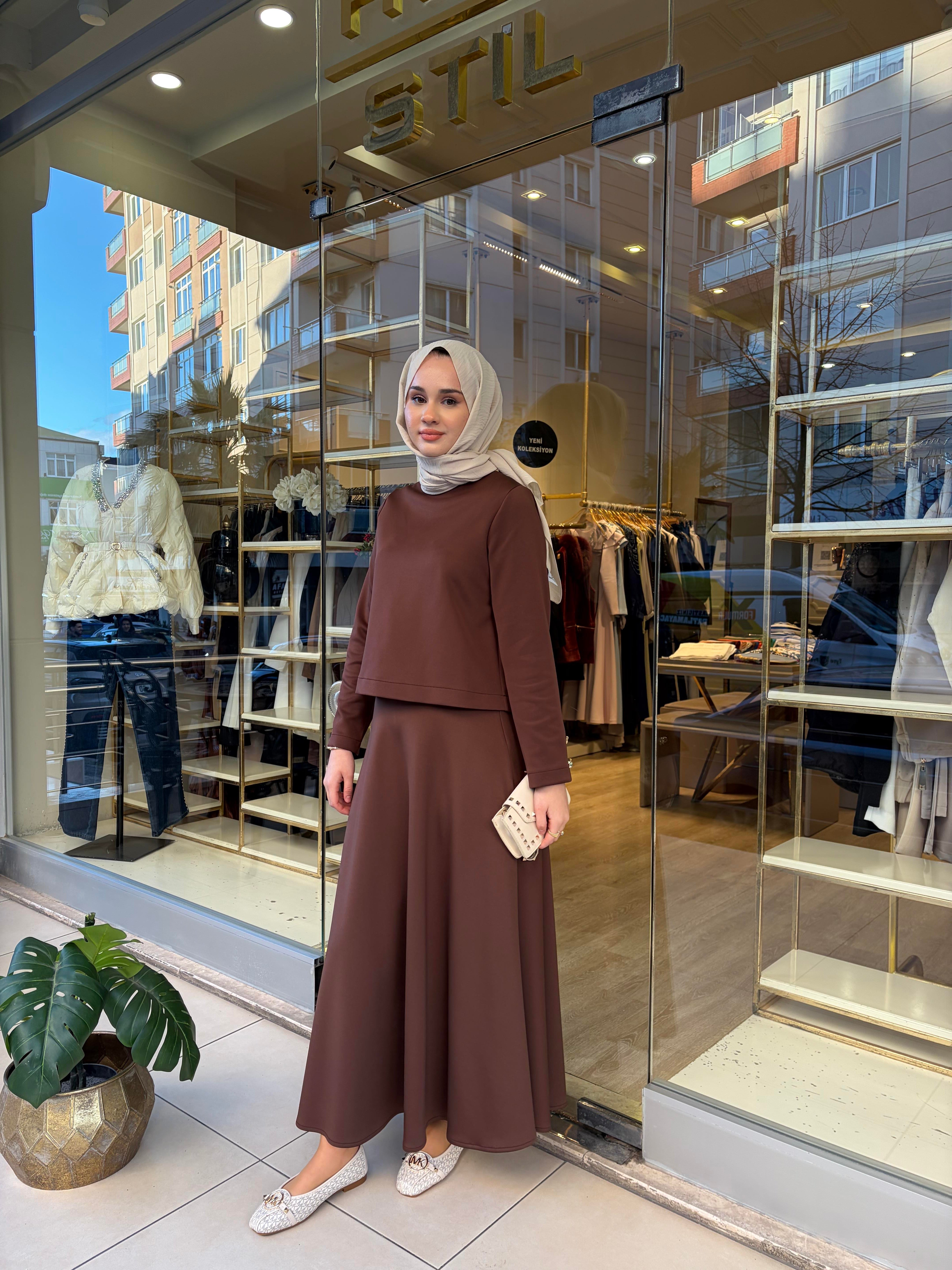 KOLU DÜĞME DETAYLI MİNİ SCUBA BLUZ KAHVERENGİ