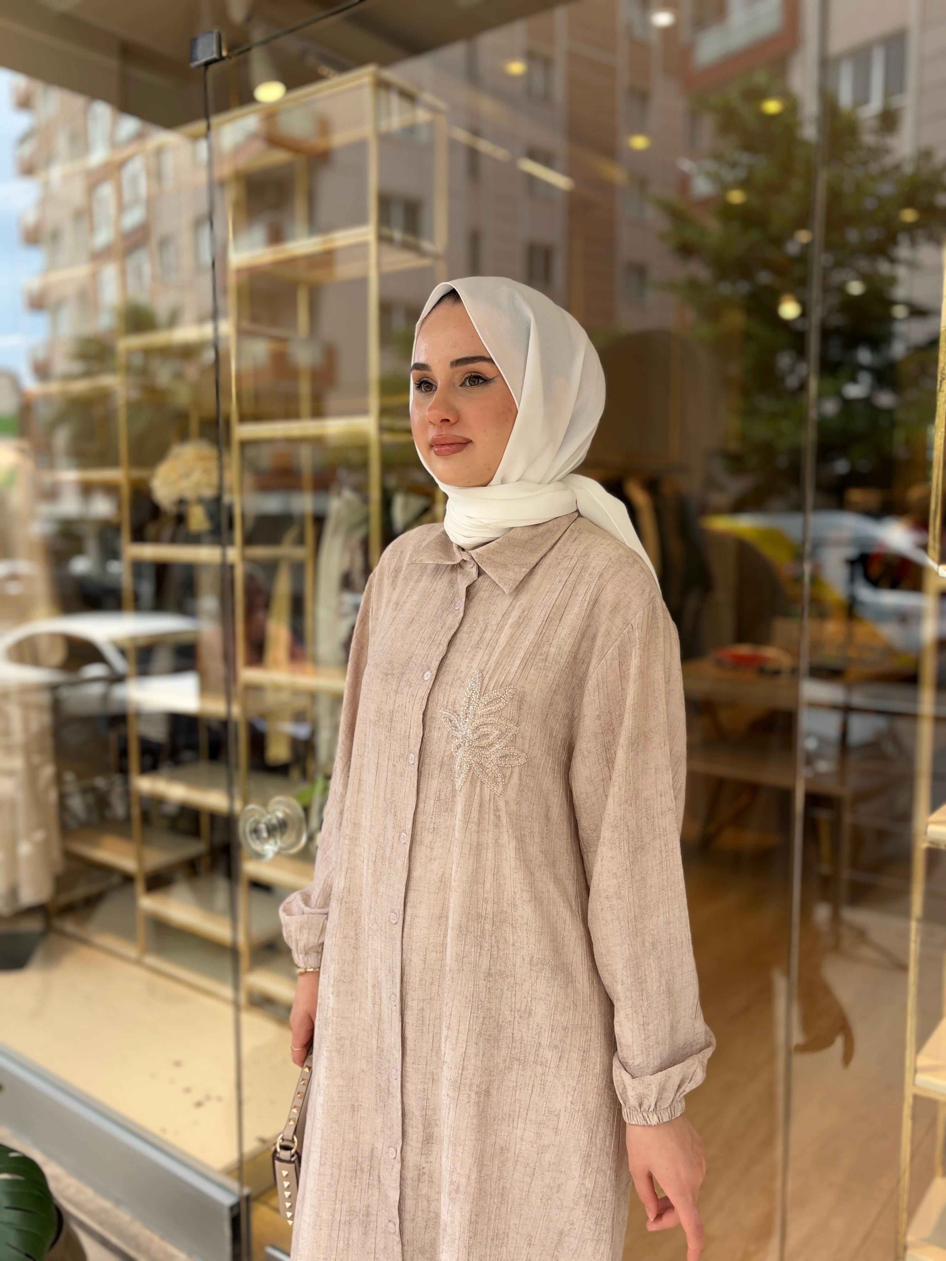 KOLU LASTİKLİ YILDIZLI GÖMLEK KAP BEJ 
