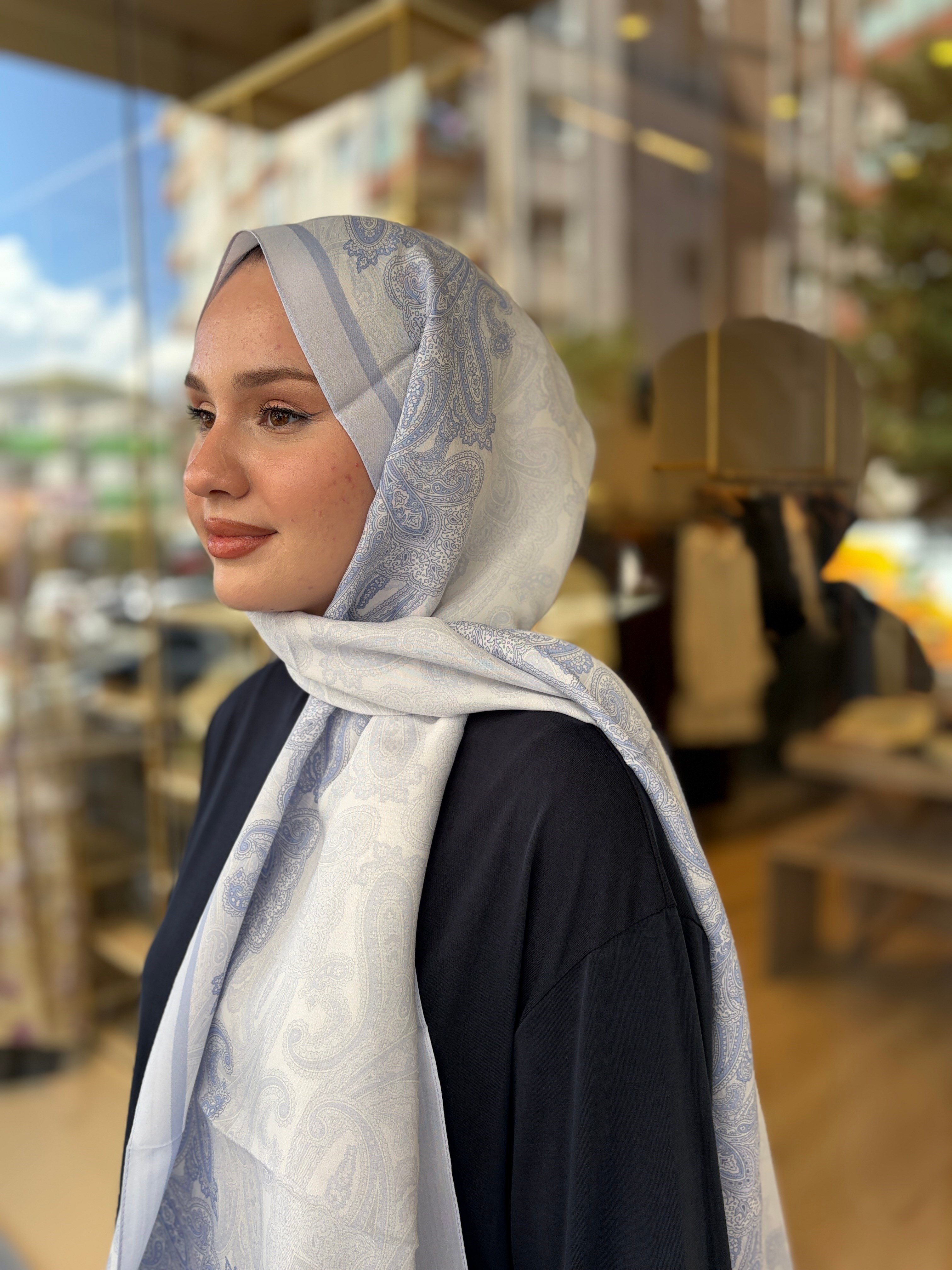 Motif Desen Floş Şal - Buz Mavisi
