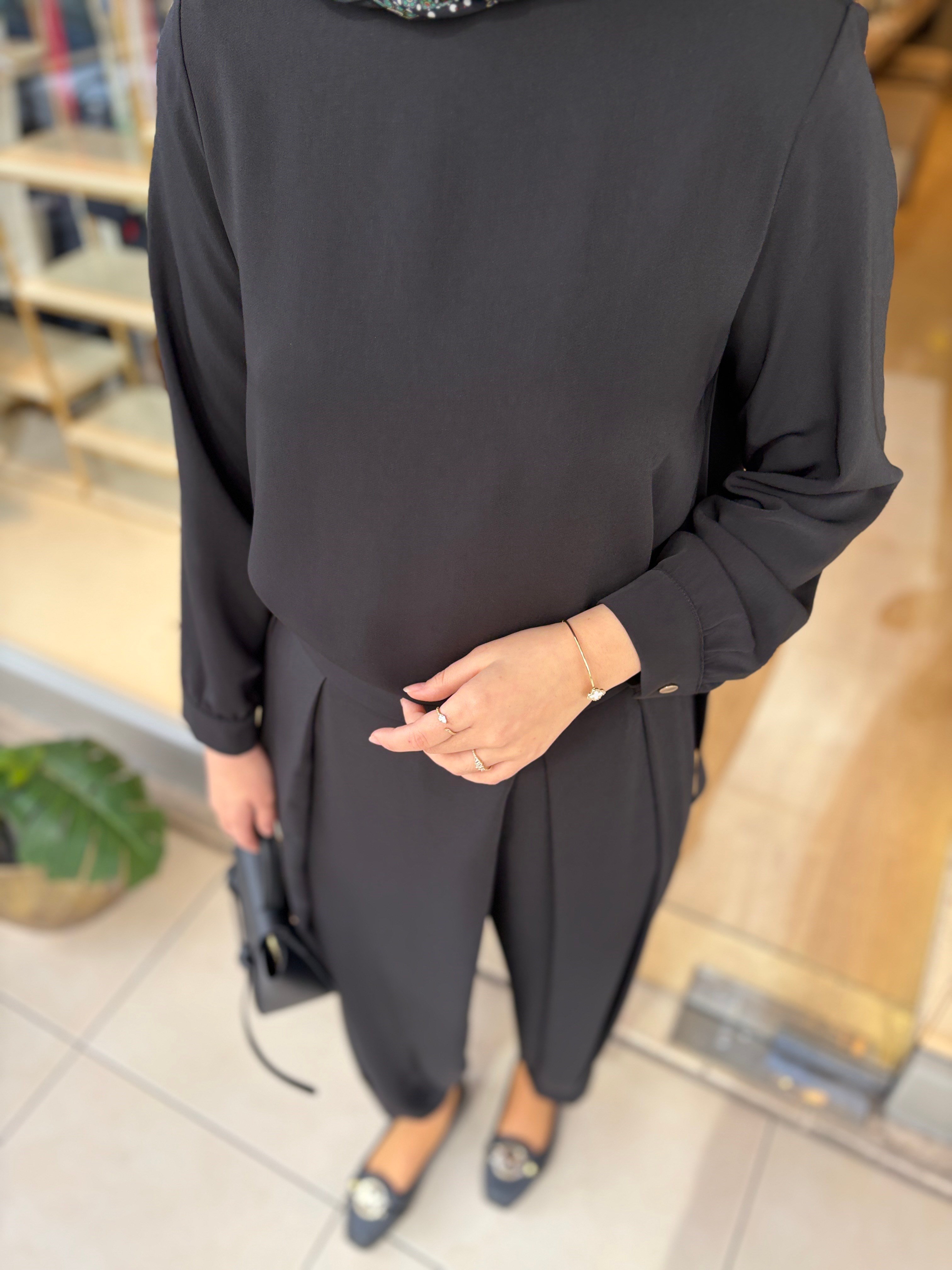 NUSS 1071 PİLE DETAY PANTOLONLU TAKIM SİYAH
