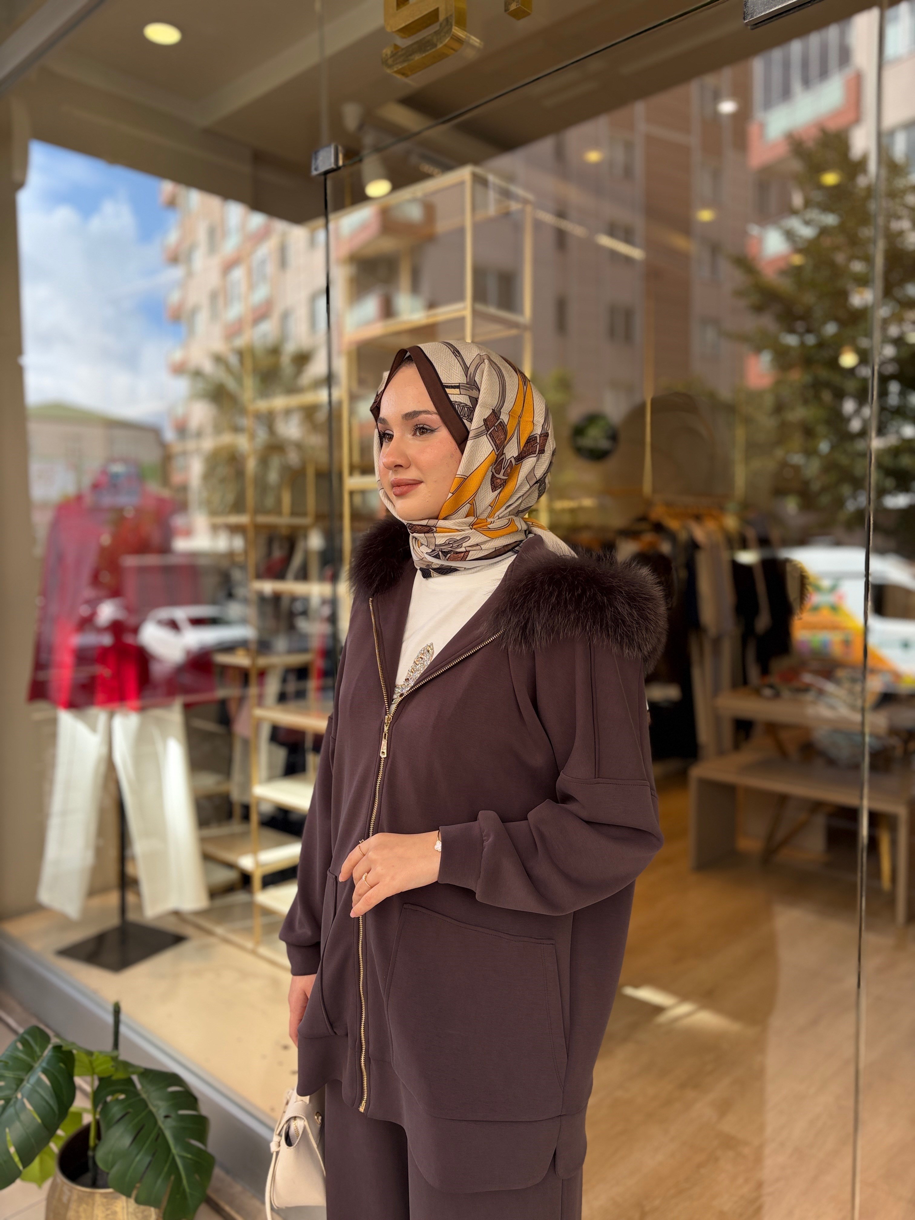 NUSS 1078 KÜRK DETAYLI TAKIM KAHVE