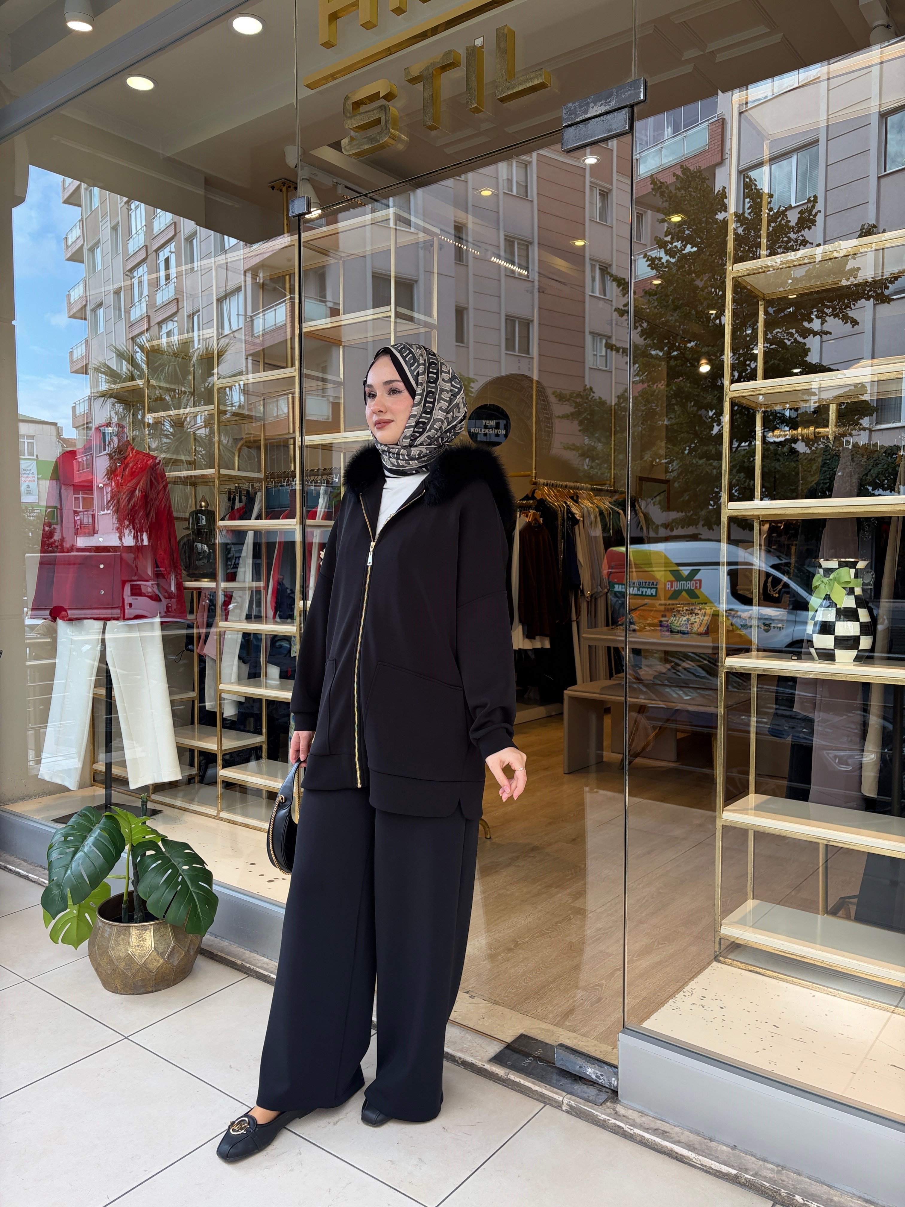NUSS 1078 KÜRK DETAYLI TAKIM SİYAH
