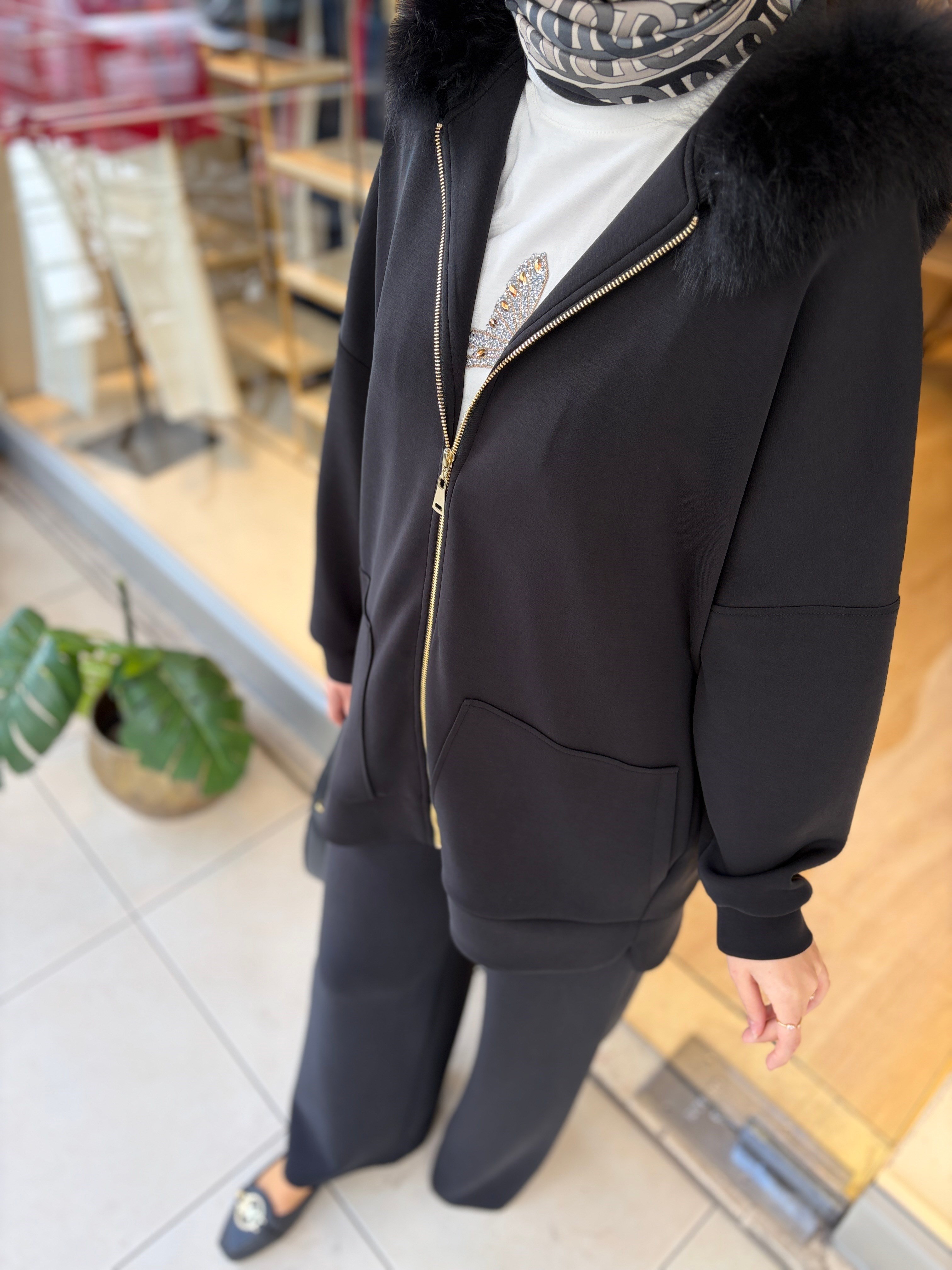 NUSS 1078 KÜRK DETAYLI TAKIM SİYAH