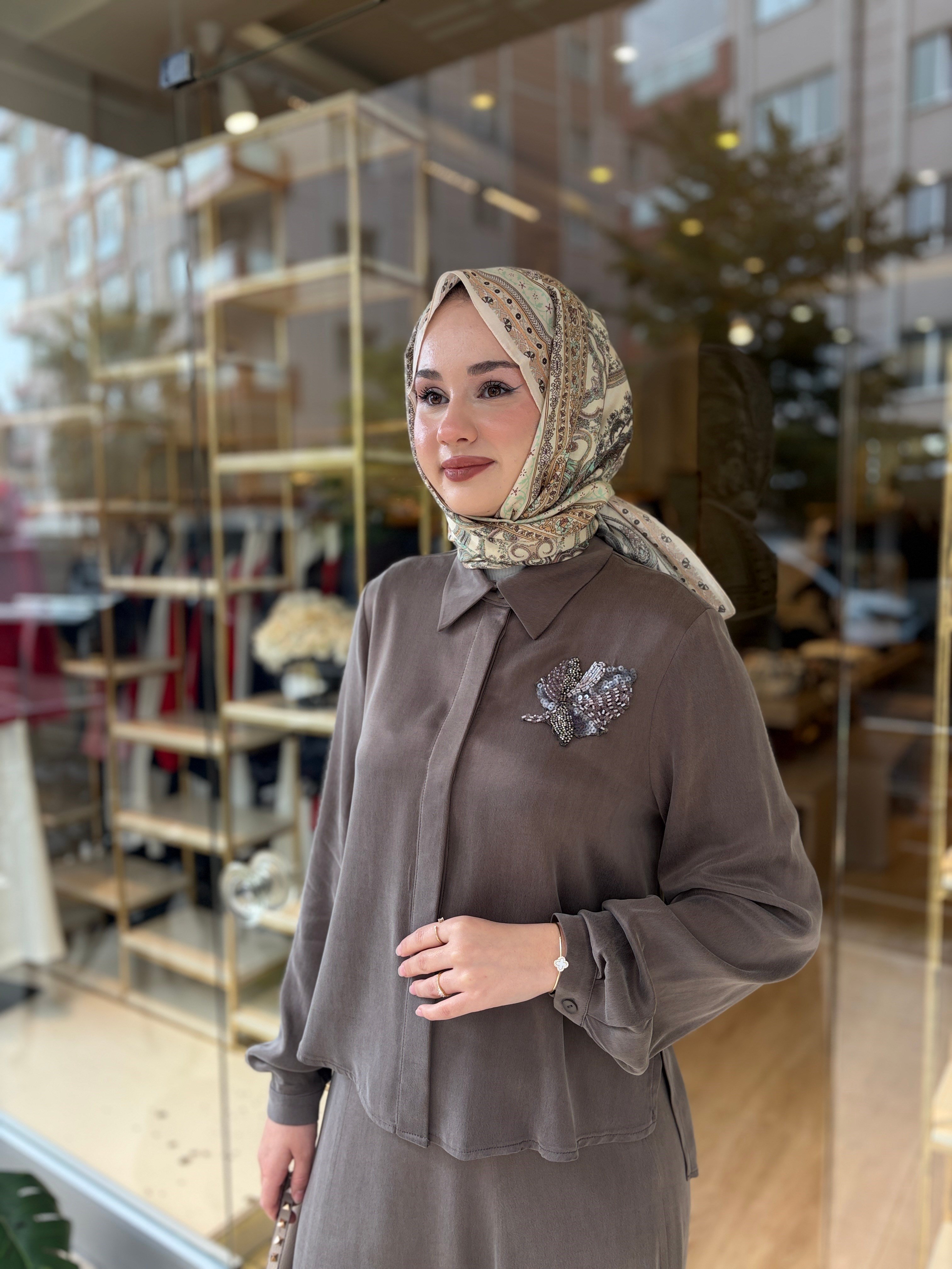 NUSS 1084 YAPRAK İŞLEMELİ İPEL QUPRA  ETEKLİ TAKIM VİZON