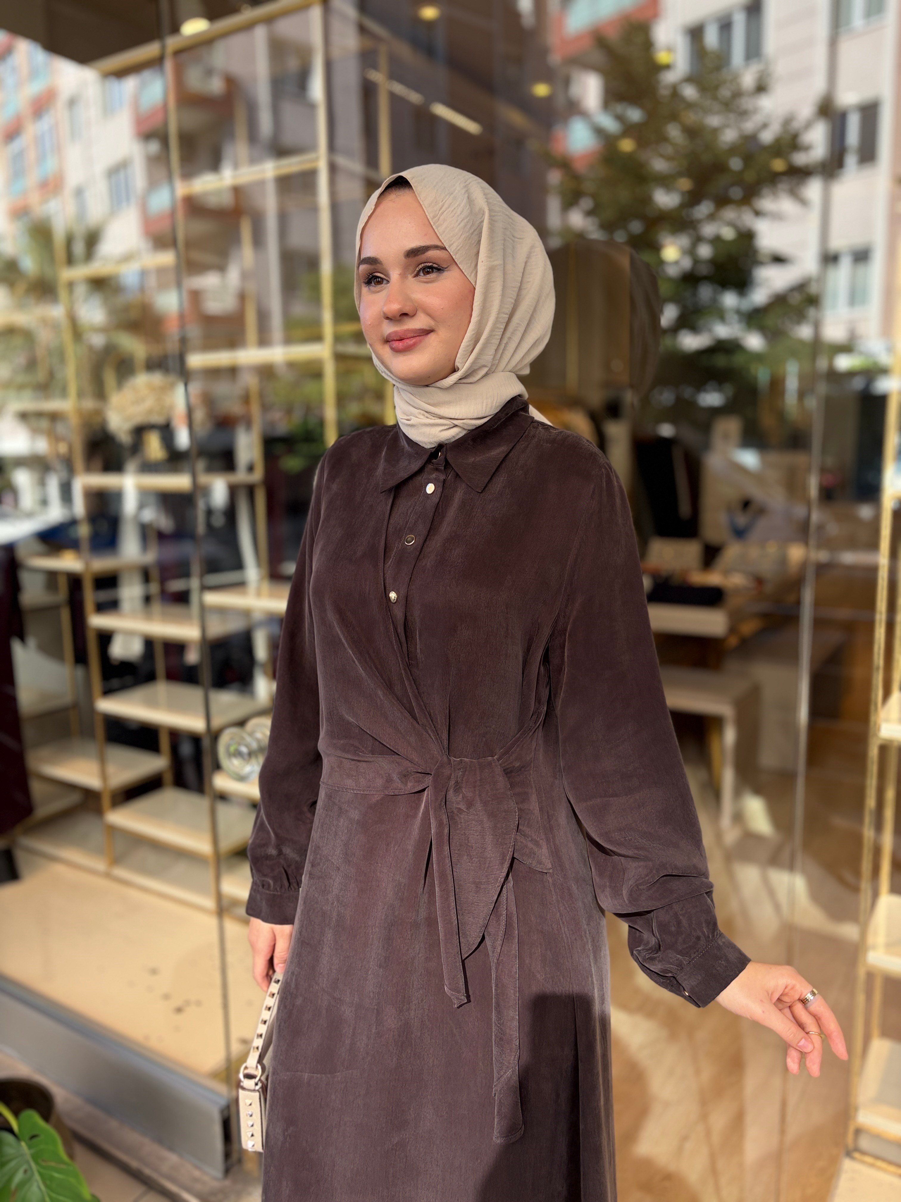 NUSS BAMBU ELBİSE KAHVE 
