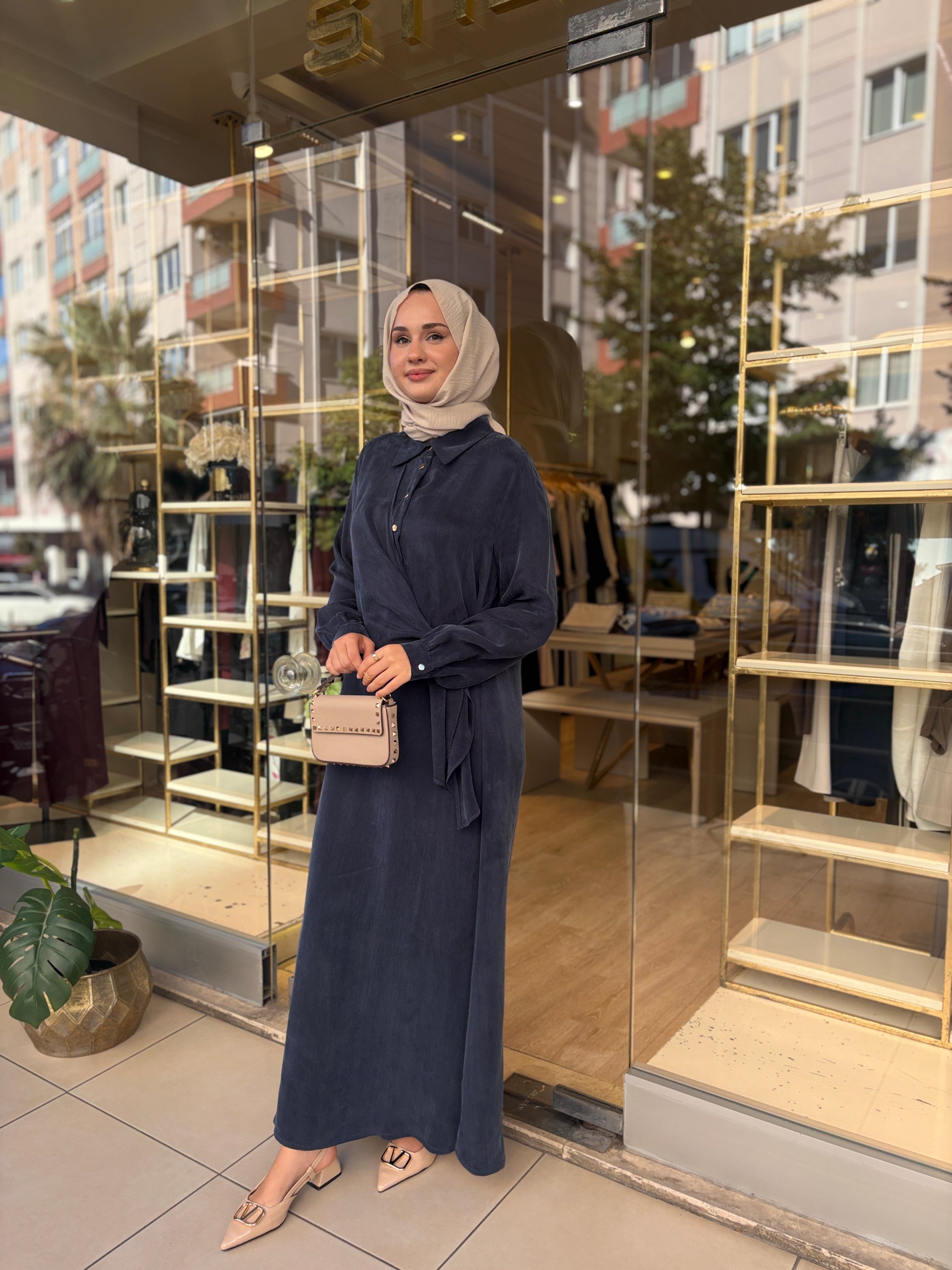 NUSS BAMBU ELBİSE LACİVERT 