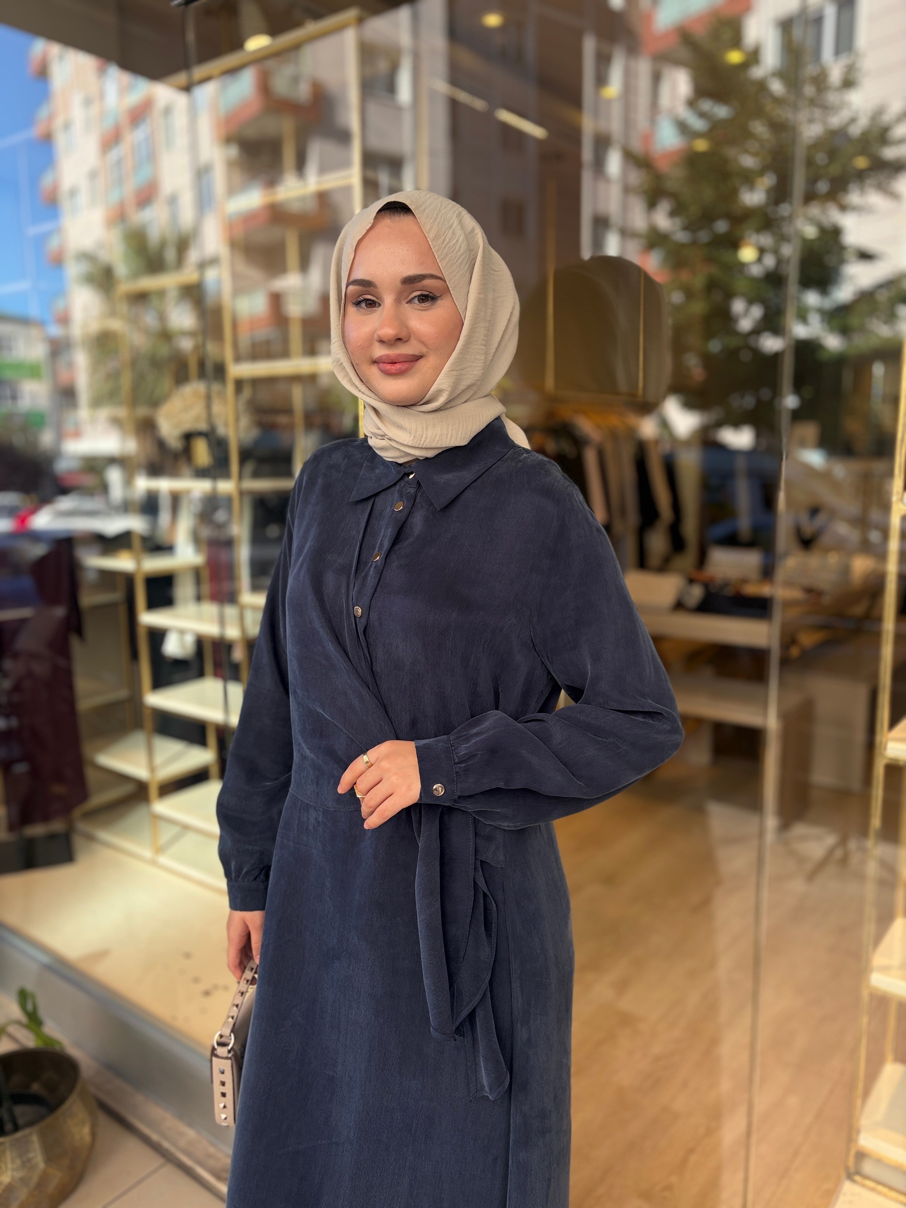 NUSS BAMBU ELBİSE LACİVERT 
