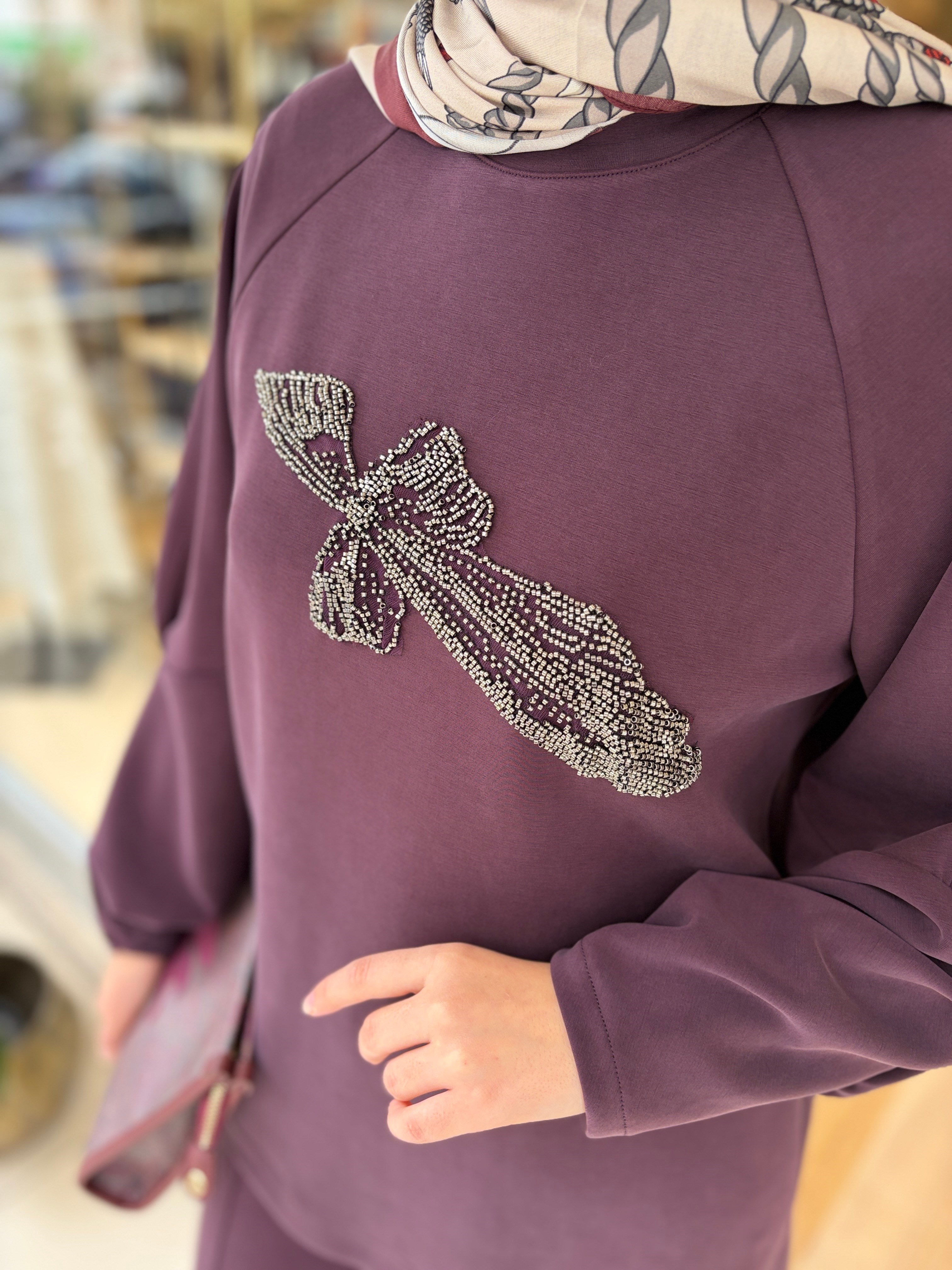 NUSS ÖNÜ MOTİFLİ REGLAN KOL MODAL TAKIM MÜRDÜM 
