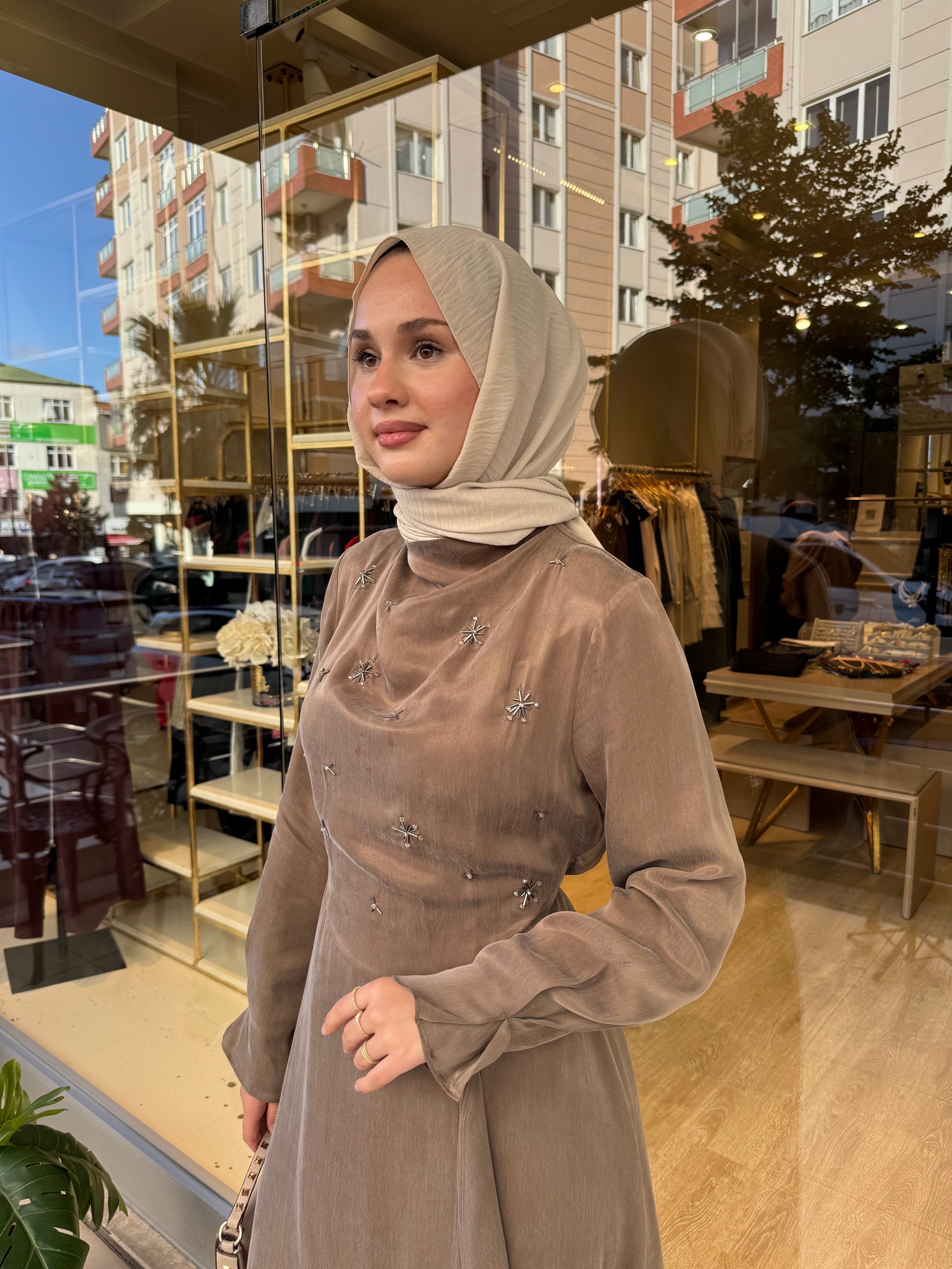 NUSS YILDIZ İŞLEMELİ ELBİSE VİZON