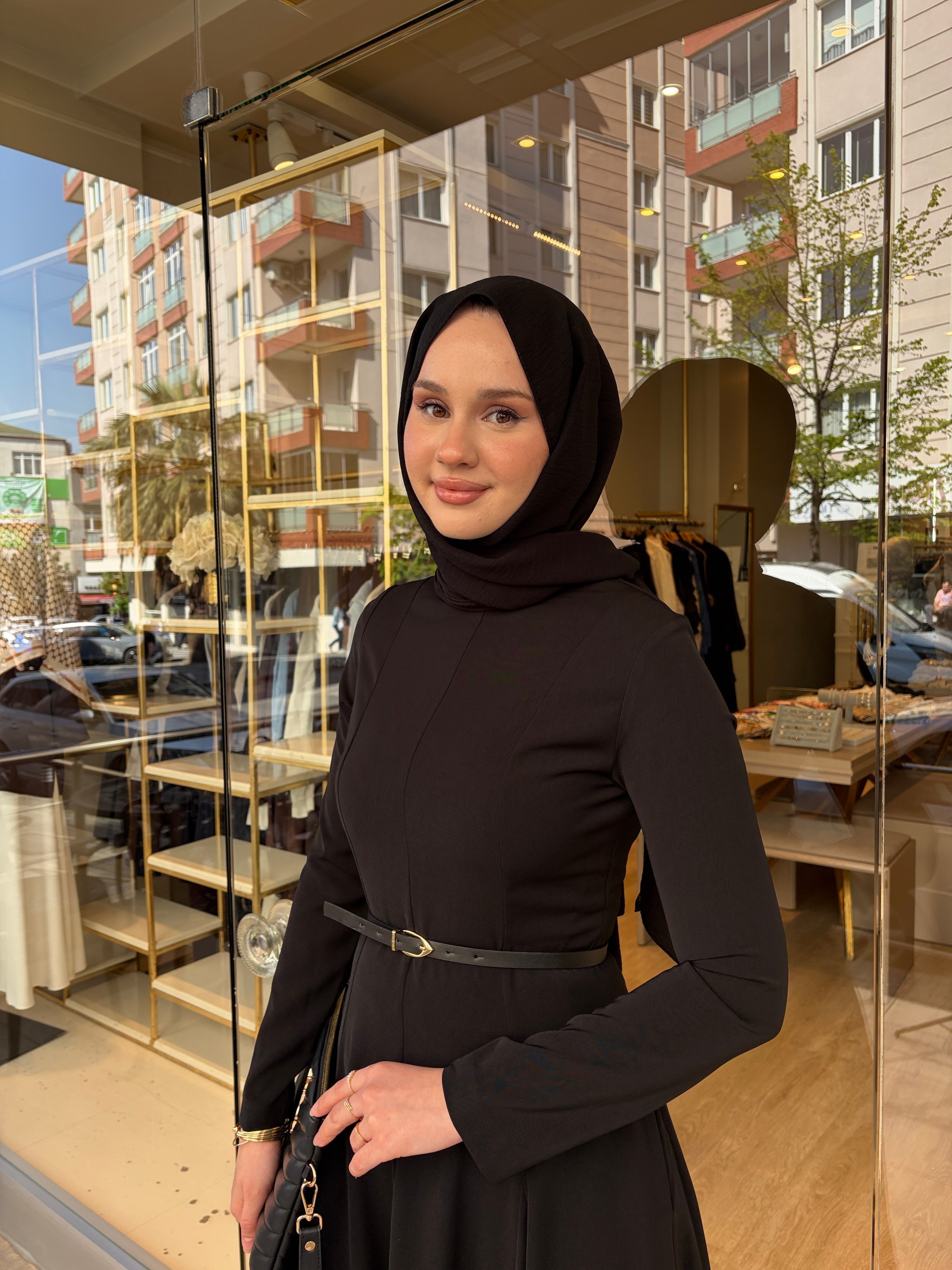PARÇALI KREP ELBİSE SİYAH