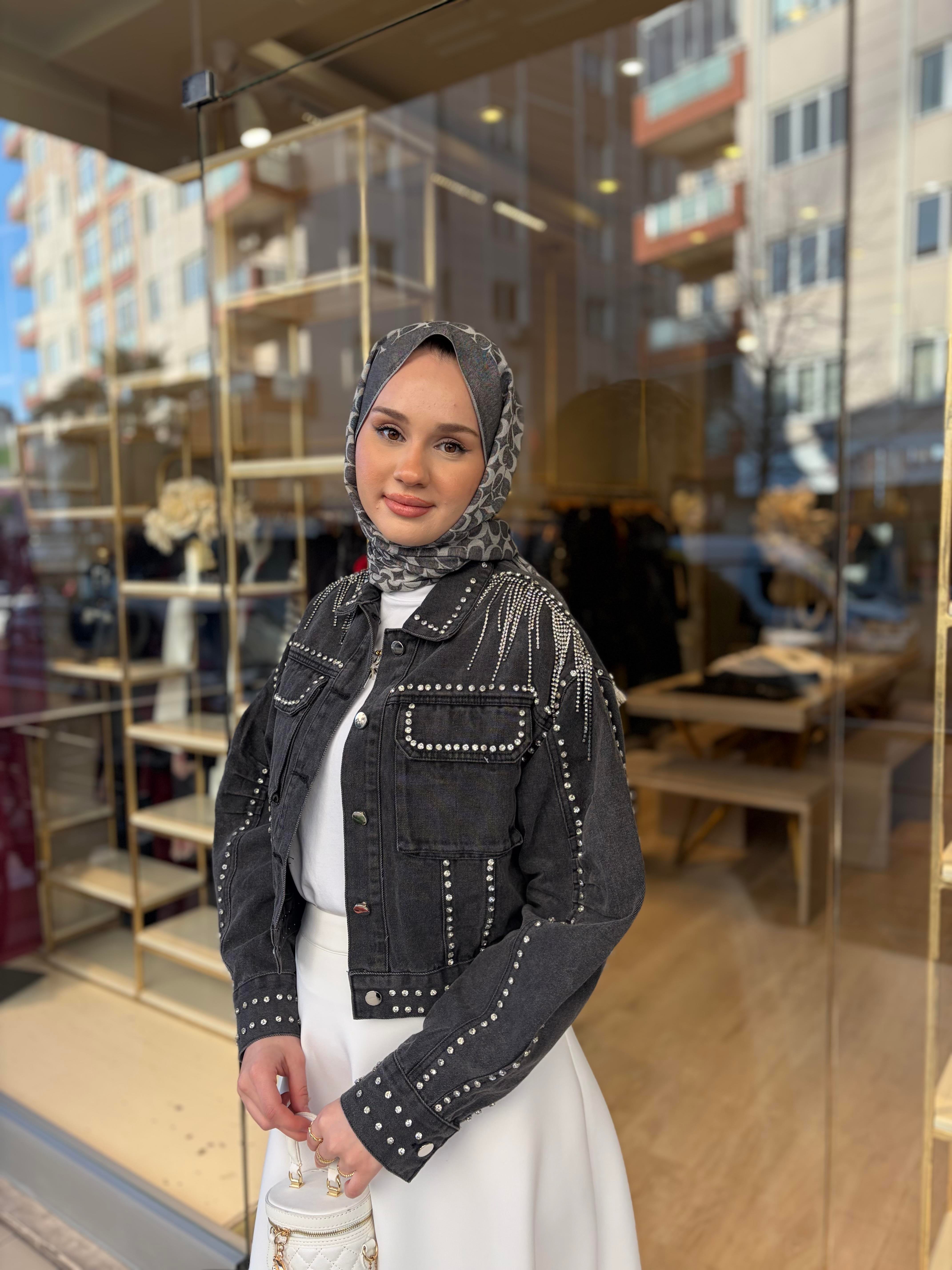 SARKIK TAŞLI BOMBER KOT CEKET SİYAH