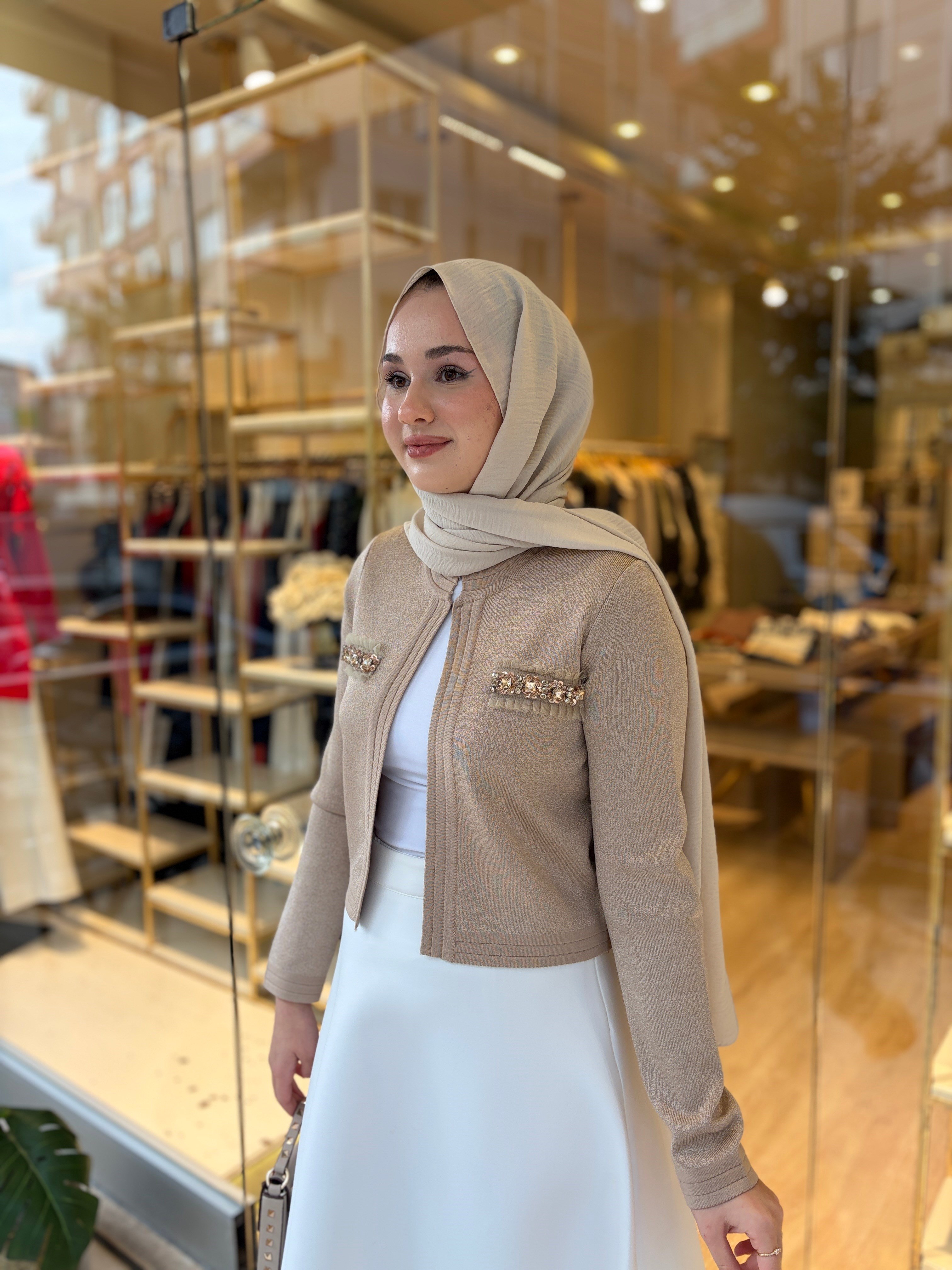 SİMLİ TAŞLI CEP DETAY HIRKA  CAMEL