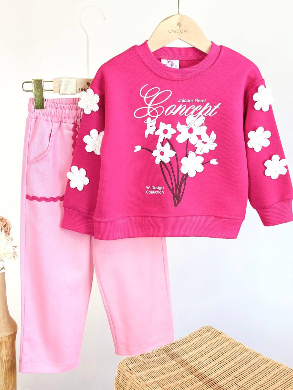 Çiçekli Gabardin Pantolonlu İkili Takım Pembe(2-8 yaş)