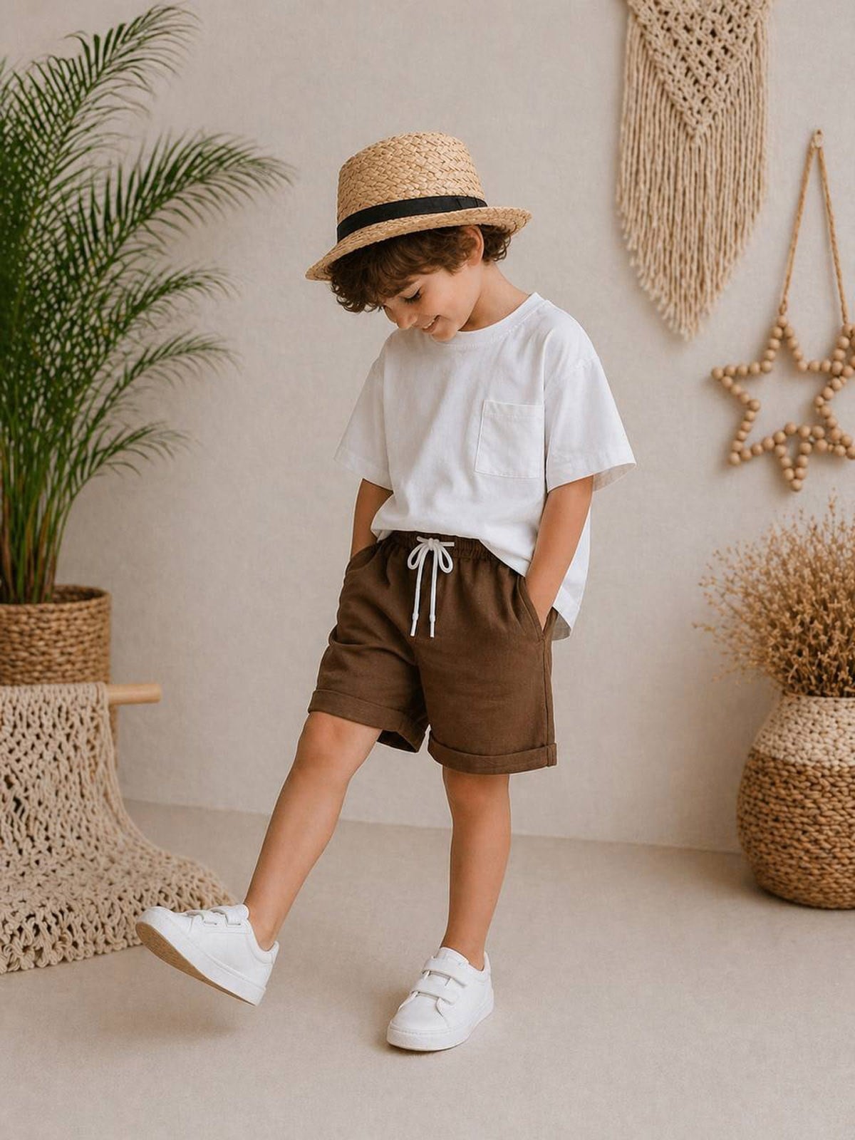 Erkek Çocuk Tshirt Keten Şortlu Takım Kahve ( 4-12 Yaş)