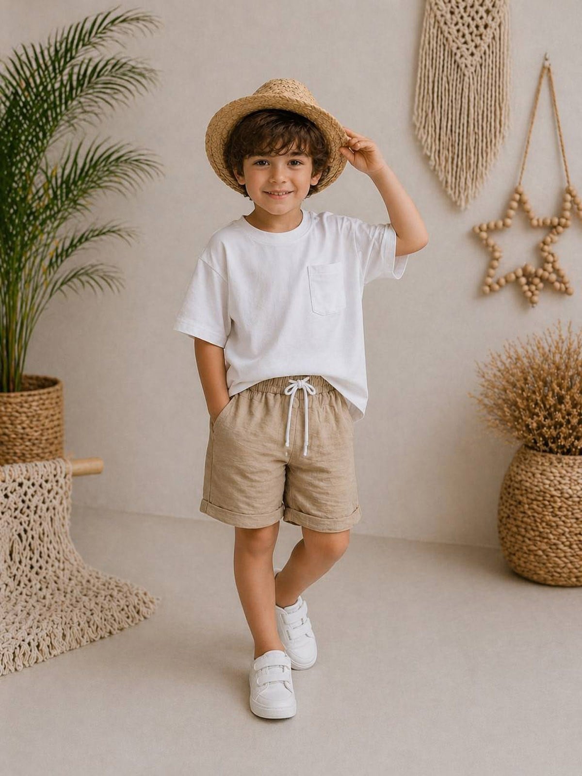 Erkek Çocuk Tshirt Keten Şortlu Takım Bej ( 4-12 Yaş)
