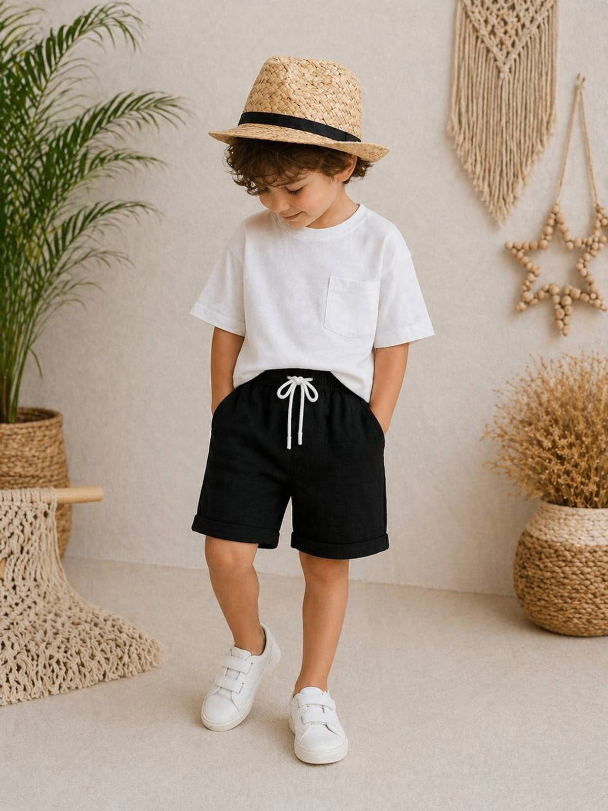 Erkek Çocuk Tshirt Keten Şortlu Takım Siyah ( 4-12 Yaş)
