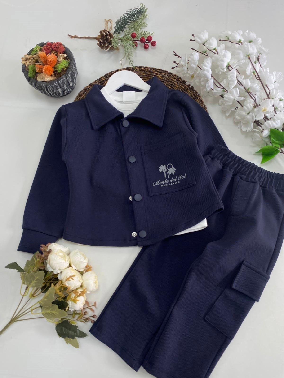 Gabardin Palmiye Ceket Pantolon 3lü Takım Lacivert (3-10Yaş)
