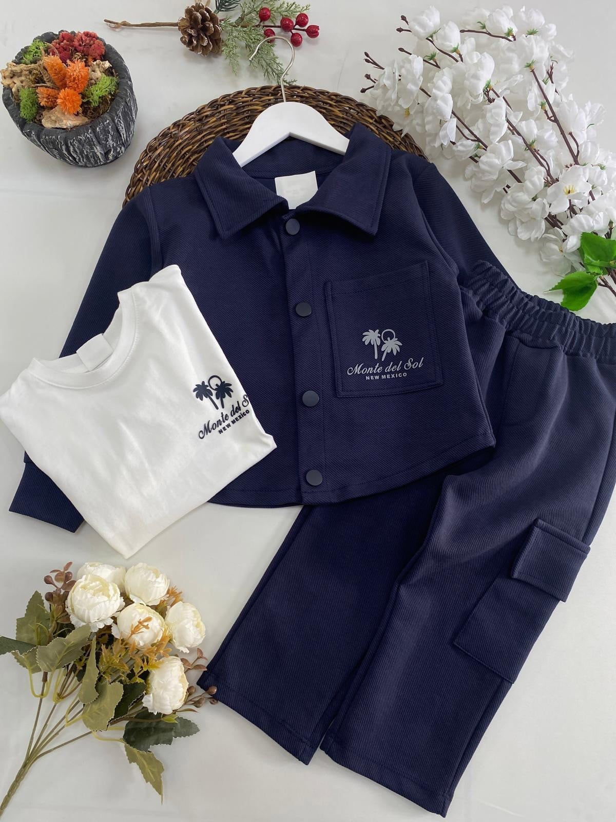 Gabardin Palmiye Ceket Pantolon 3lü Takım Lacivert (3-10Yaş)