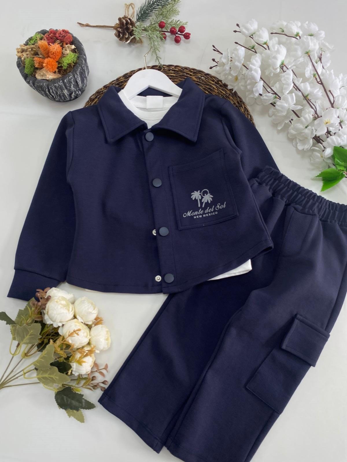 Gabardin Palmiye Ceket Pantolon 3lü Takım Lacivert (3-10Yaş)