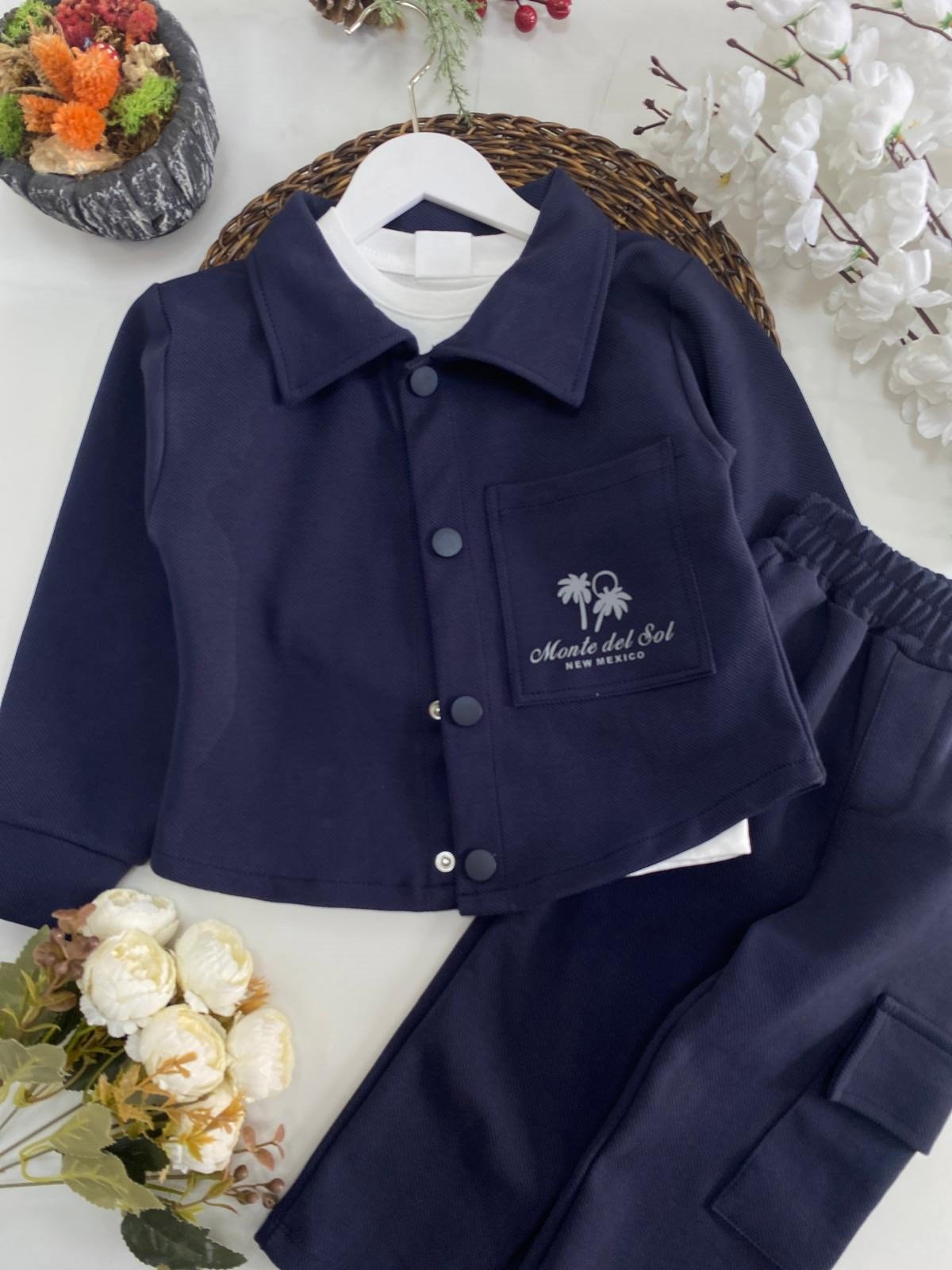 Gabardin Palmiye Ceket Pantolon 3lü Takım Lacivert (3-10Yaş)