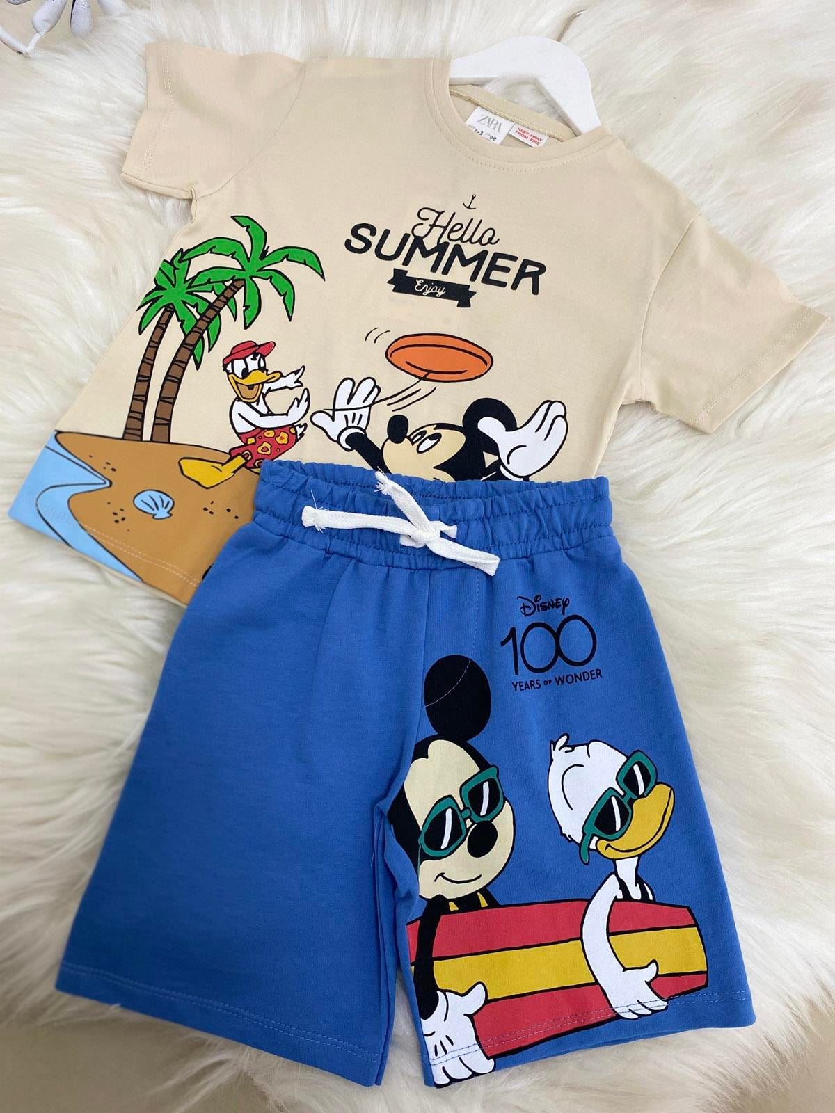 Mickey Hello Summer Baskılı Şortlu Erkek Çocuk Pamuklu İkili Takım Mavi (2-8 Yaş)