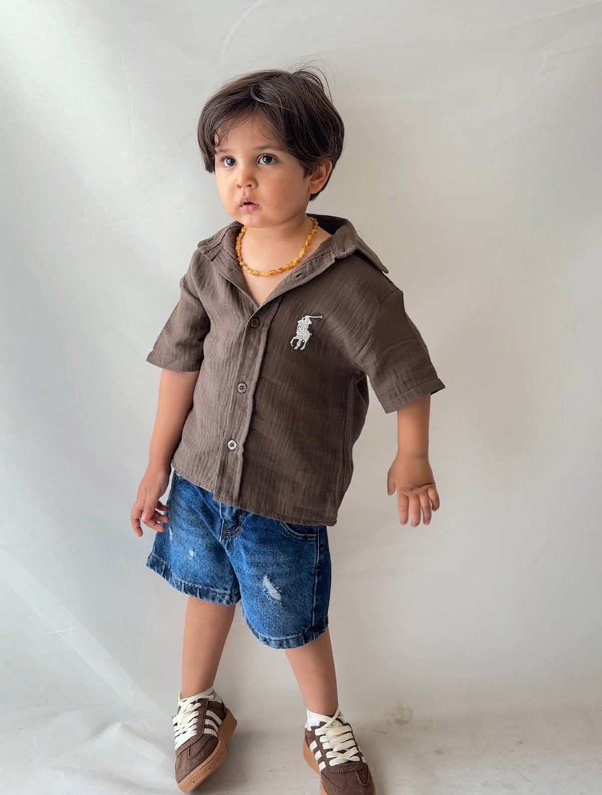 Müslin Gömlekli Denim Şortlu Takım Kahve(3-10 Yaş)