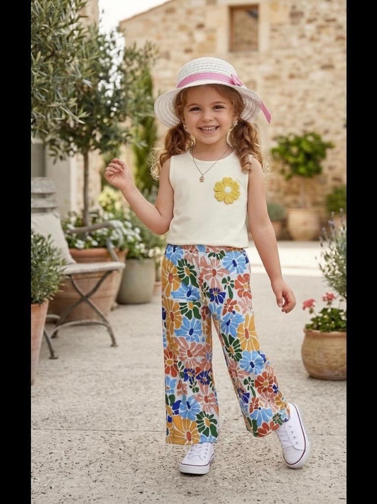 Papatyalı Renkli Pantolonlu İkili Takım Krem (5-10 Yaş)
