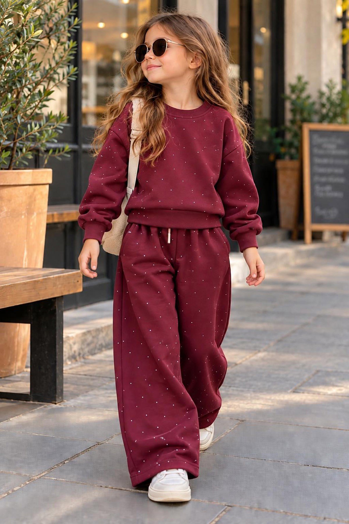Taşlı Modal Kumaş İkili Takım Bordo (3-10yaş)
