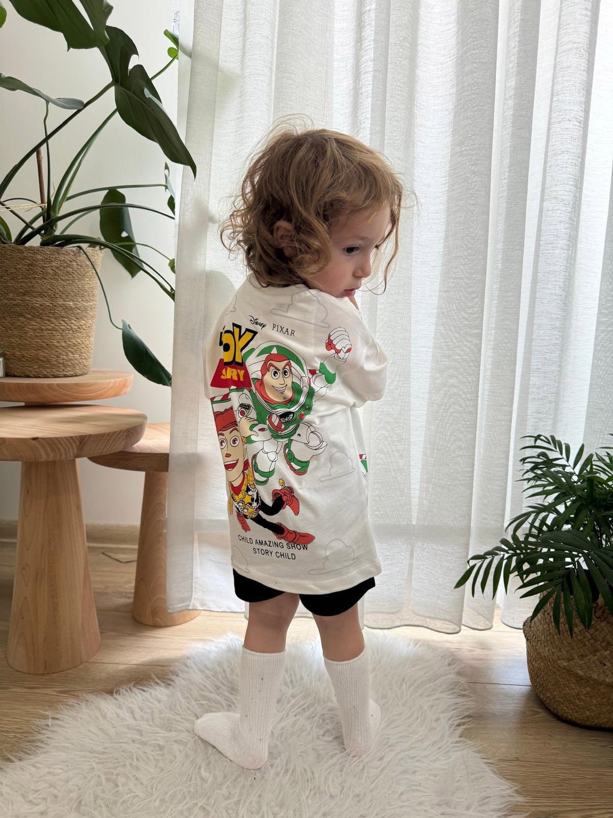 Toy Story Sırt Baskılı Şortlu Erkek Çocuk Pamuklu İkili Takım Beyaz (2-8 Yaş)