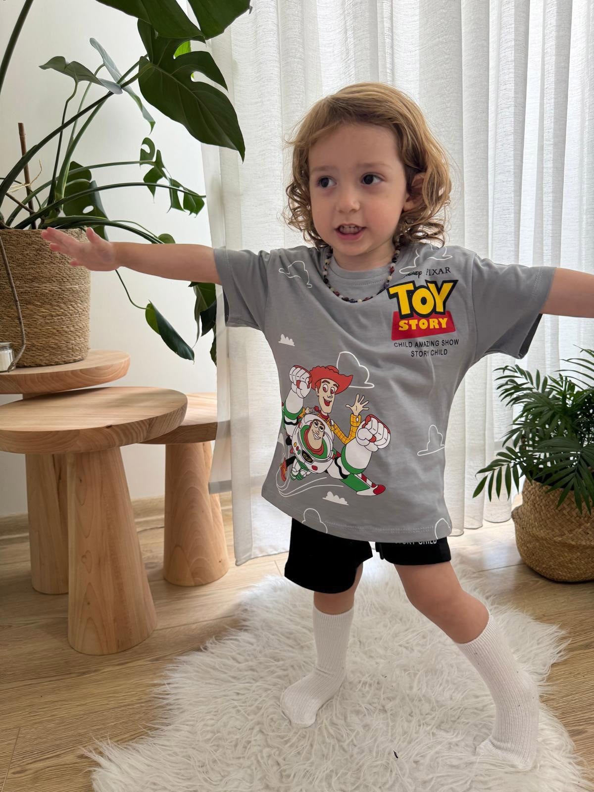 Toy Story Sırt Baskılı Şortlu Erkek Çocuk Pamuklu İkili Takım Gri (2-8 Yaş)