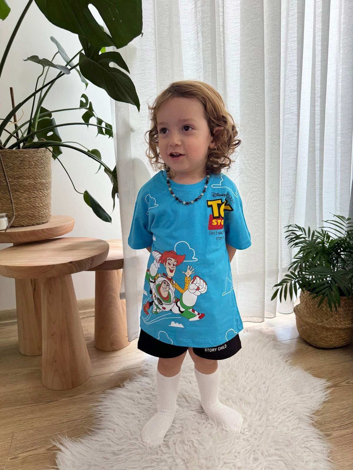 Toy Story Sırt Baskılı Şortlu Erkek Çocuk Pamuklu İkili Takım Mavi (2-8 Yaş)