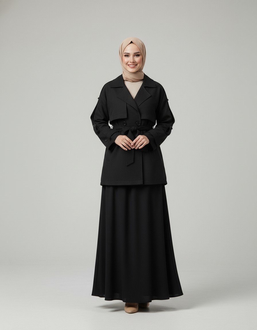 Aline Kapaklı Kol Ucu ve Omuz Kemer Detaylı Kısa Trenç-EN2199 Siyah