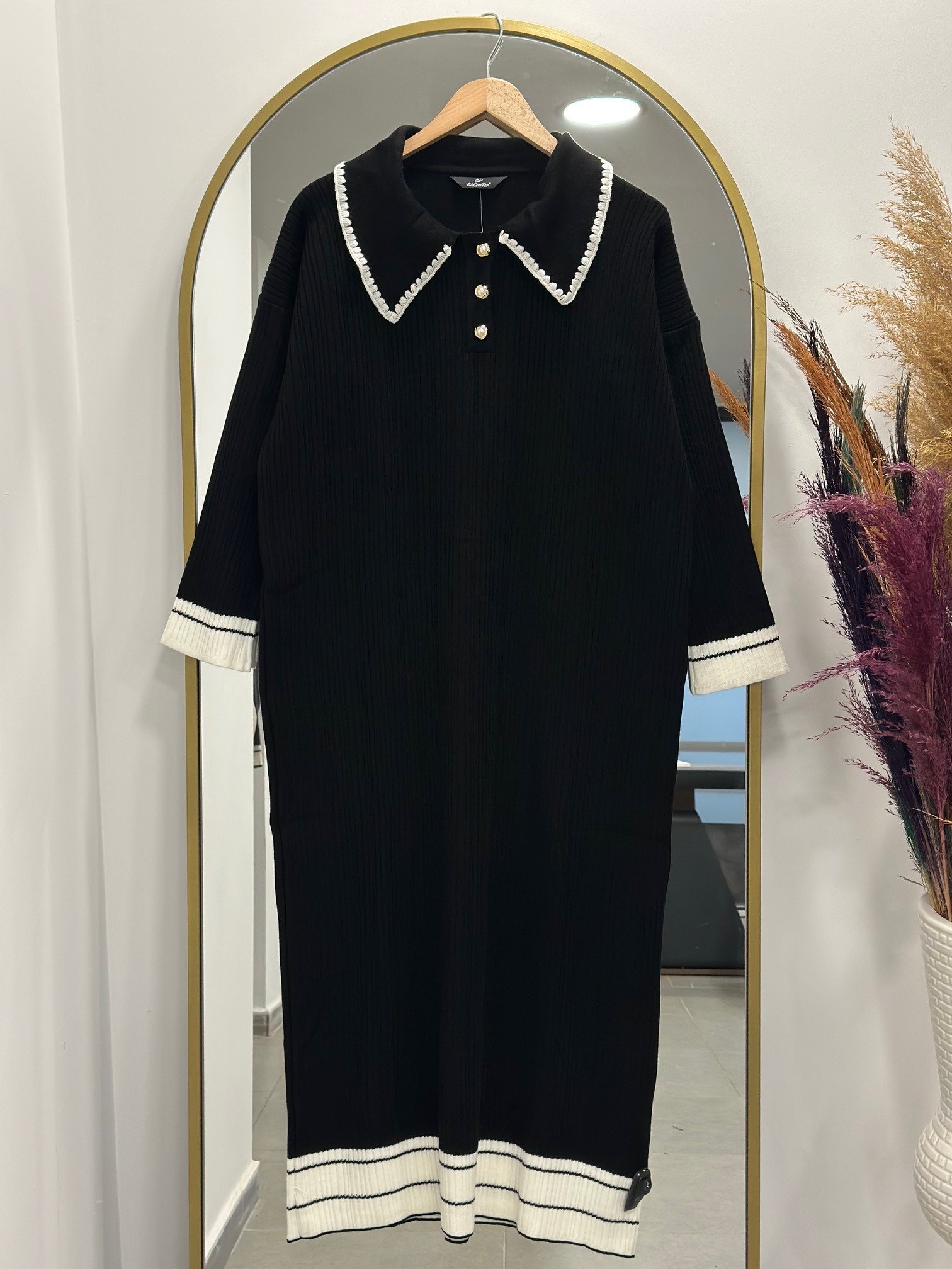 Alisa Bebe Yaka Üç Düğmeli Triko Elbise-KR3184 Siyah