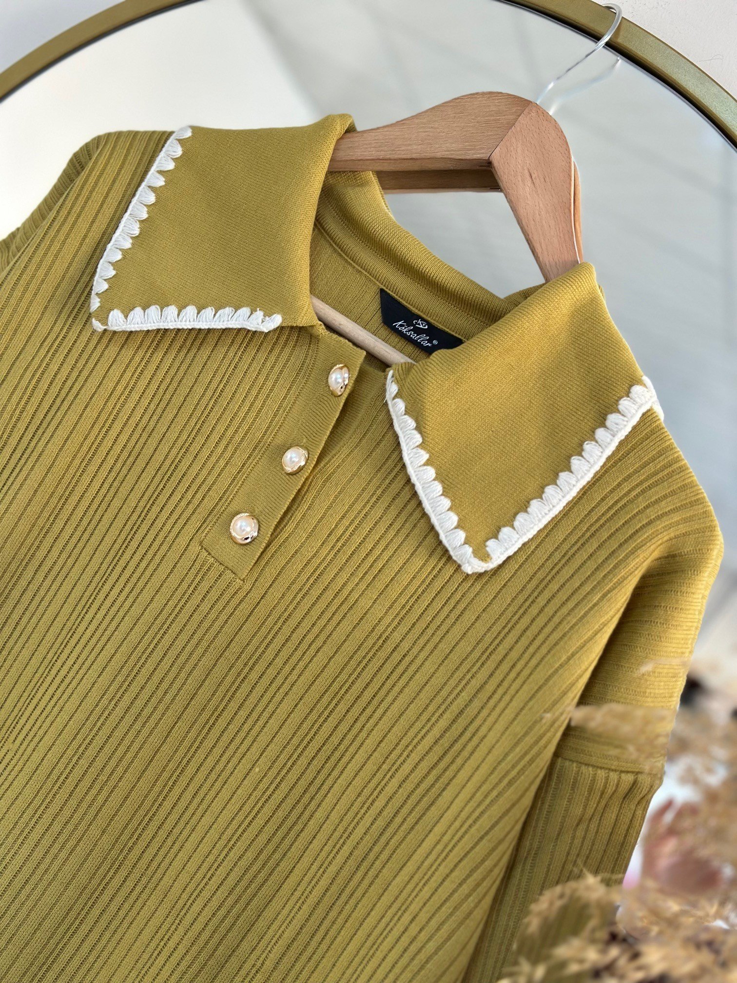 Alisa Bebe Yaka Üç Düğmeli Triko Elbise-KR3184 Yağ Yeşili