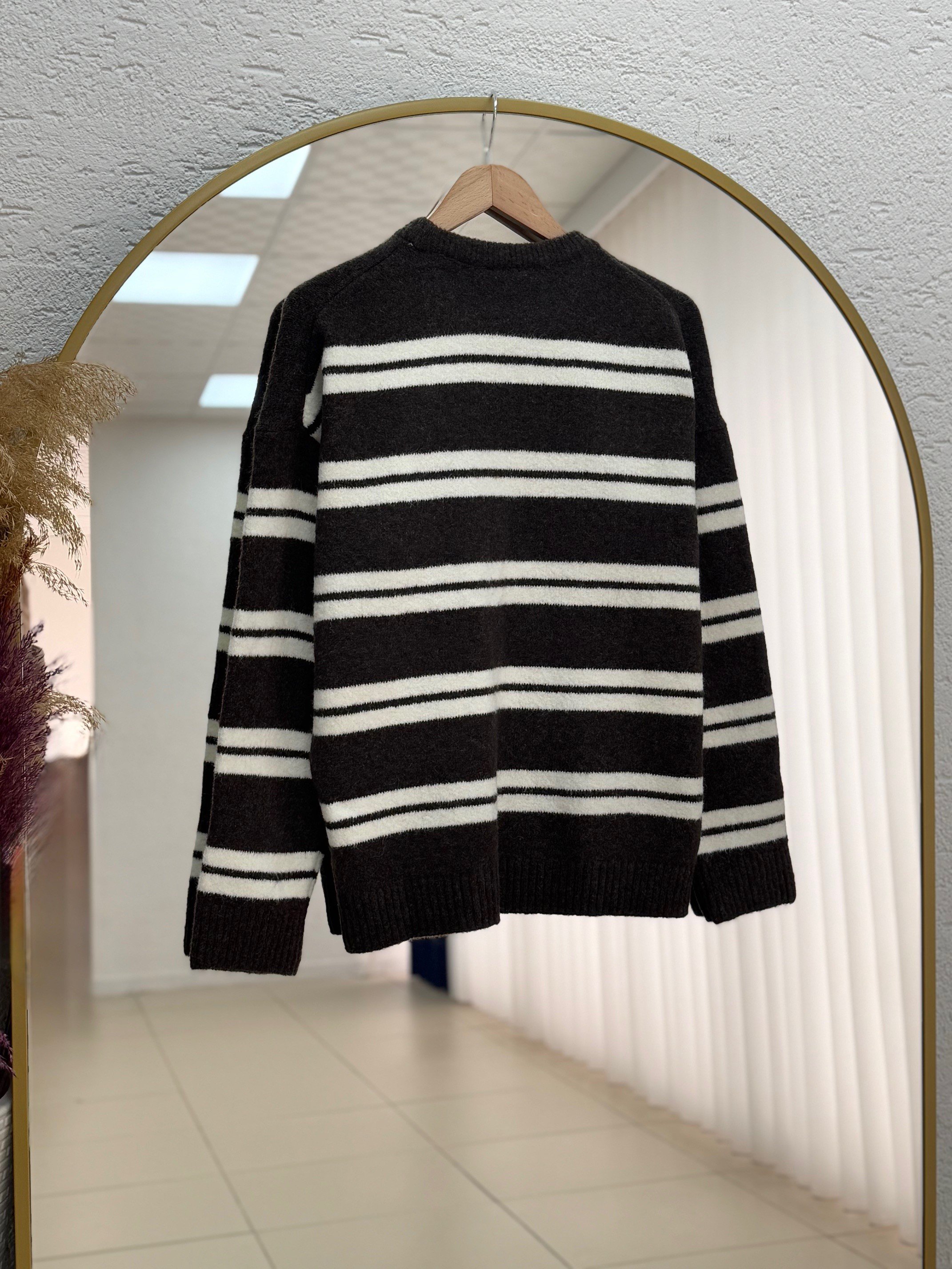 Aliyah Kol Ucu ve Altı Lastikli Çizgili Triko Kazak-Zİ7016 Kahve