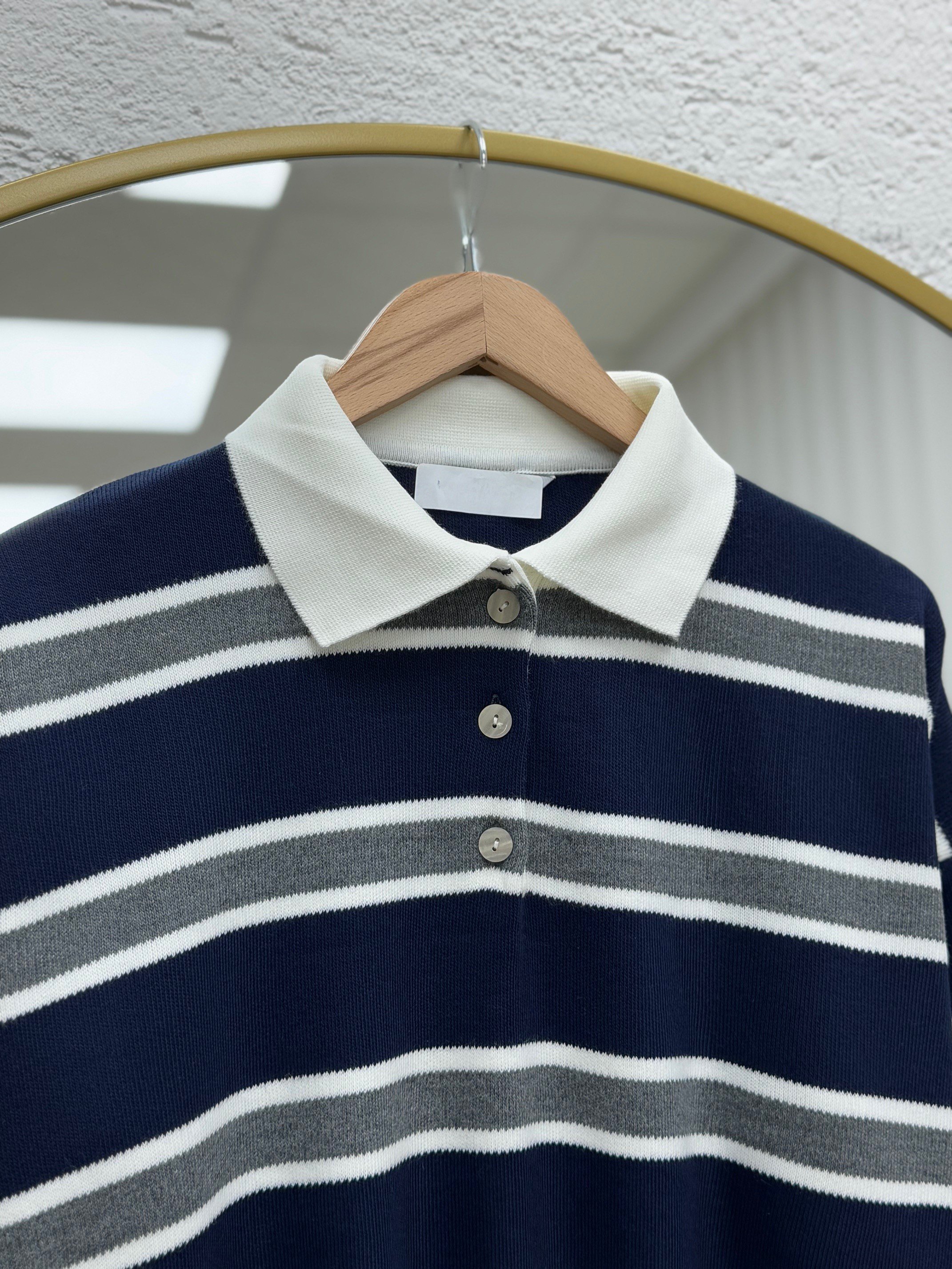 Aliza Polo Yaka Çizgili Düğmeli Kazak-KR5053 Lacivert