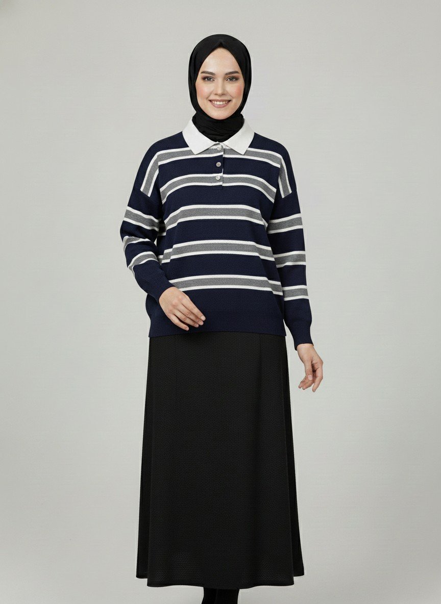 Aliza Polo Yaka Çizgili Düğmeli Kazak-KR5053 Lacivert