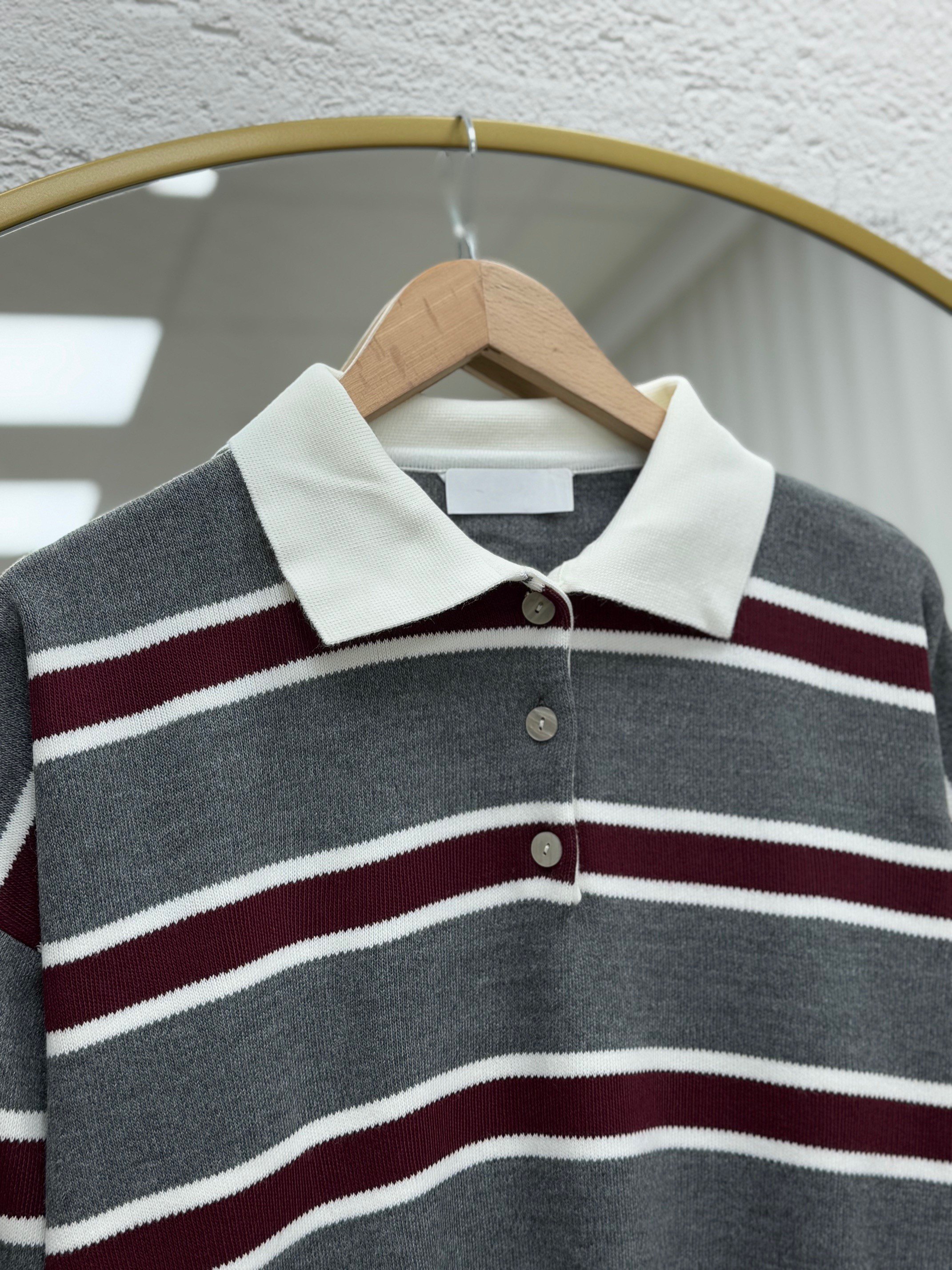 Aliza Polo Yaka Çizgili Düğmeli Kazak-KR5053 Antrasit