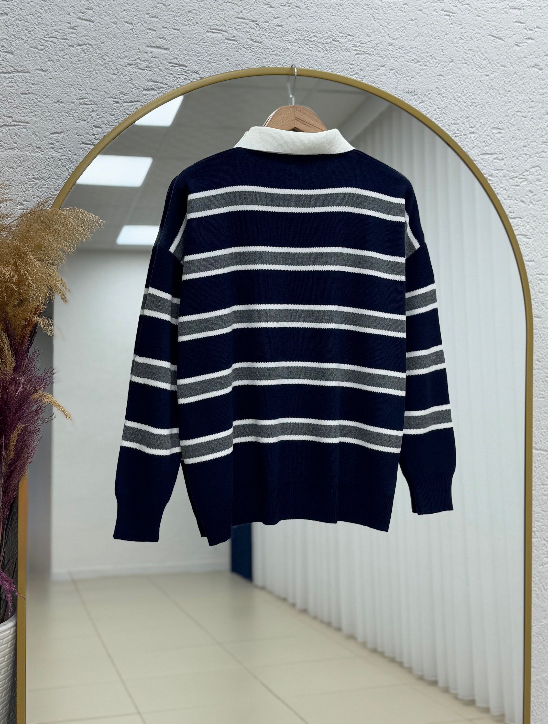 Aliza Polo Yaka Çizgili Düğmeli Kazak-KR5053 Lacivert