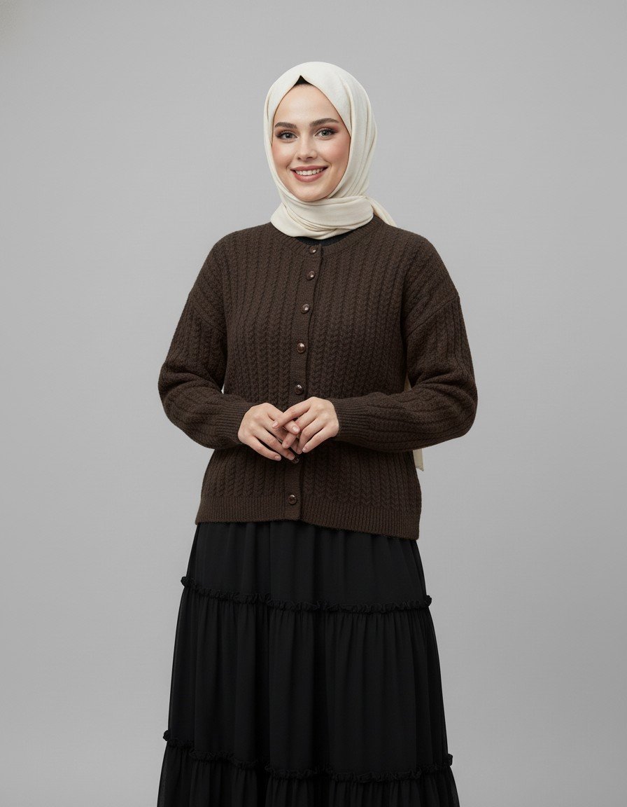 Alkai Boncuk Düğmeli Kısa Triko Hırka-Zİ7018 Kahve