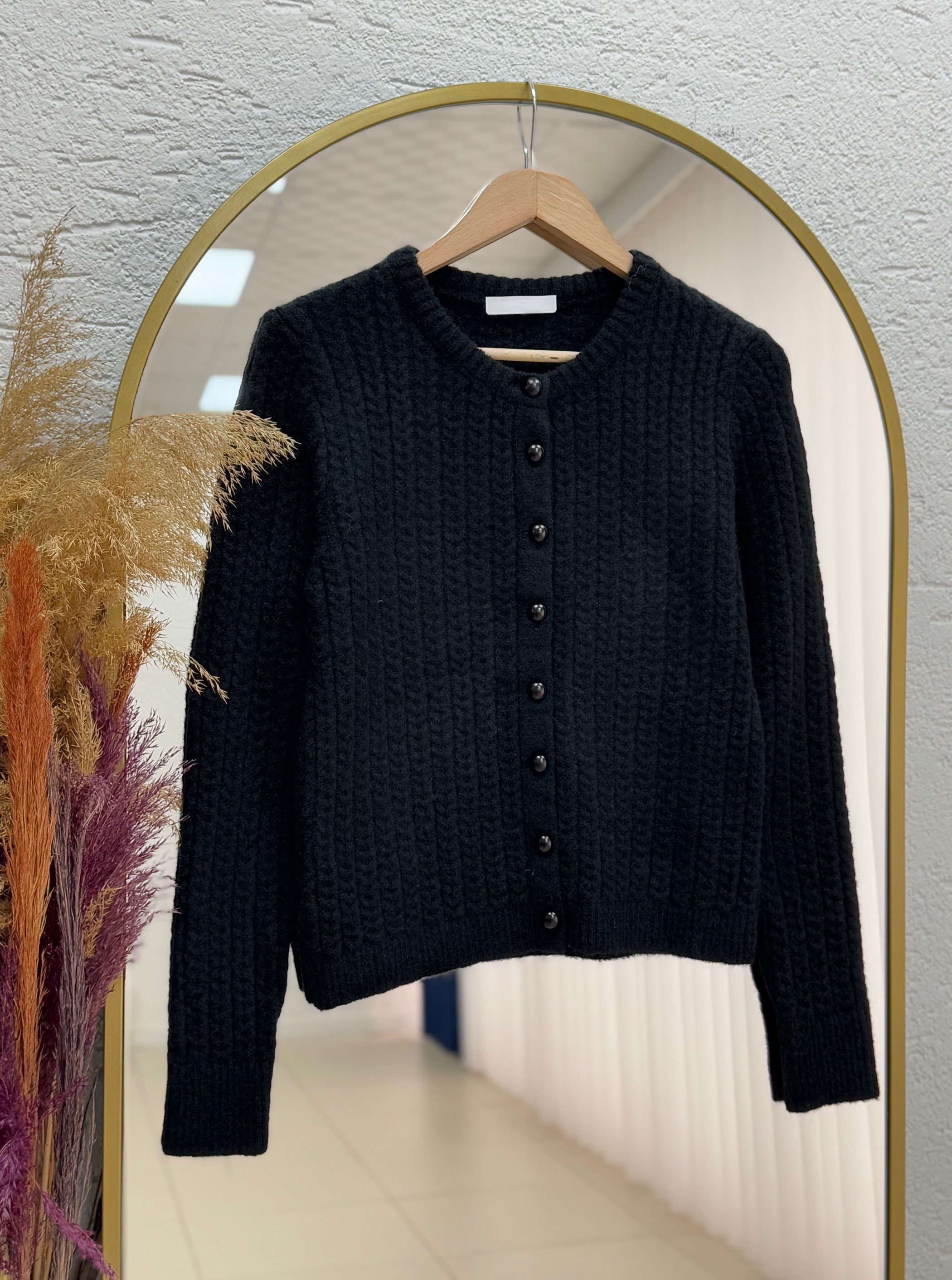 Alkai Boncuk Düğmeli Kısa Triko Hırka-Zİ7018 Siyah