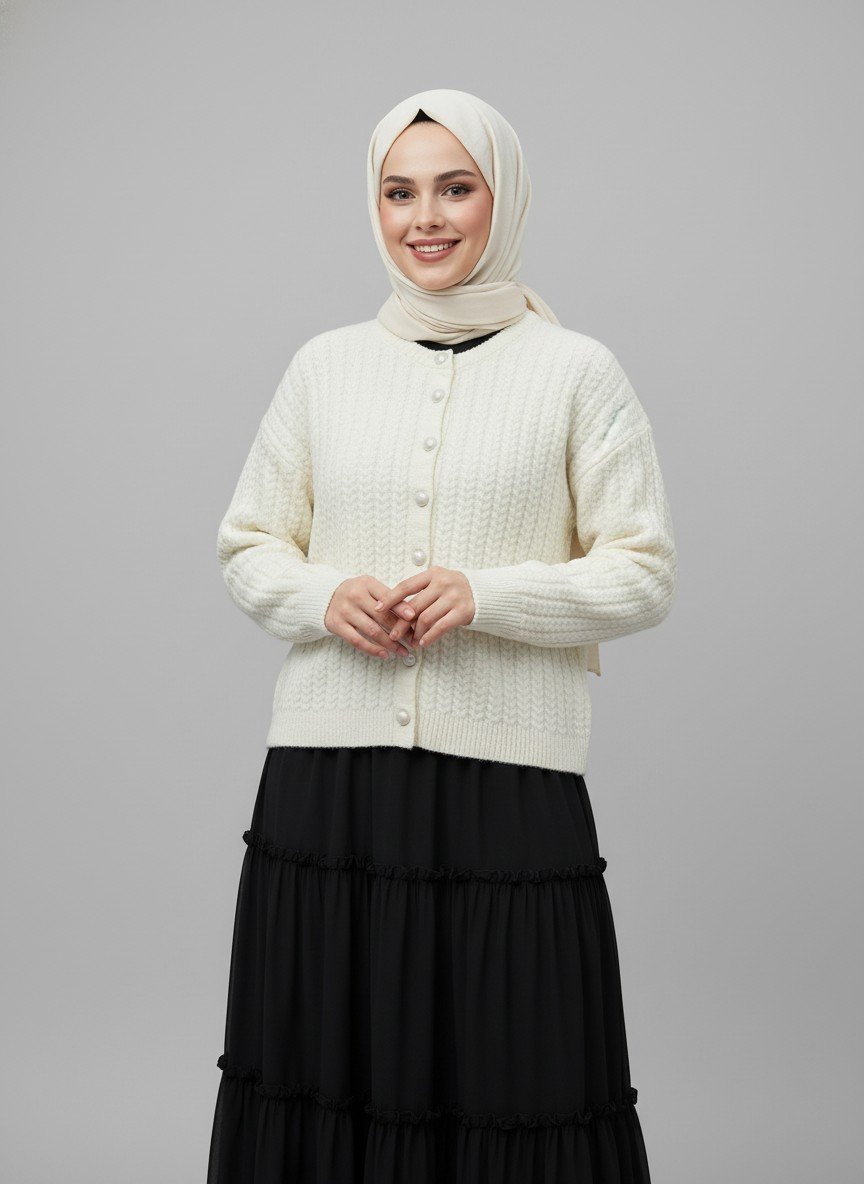 Alkai Boncuk Düğmeli Kısa Triko Hırka-Zİ7018 Beyaz