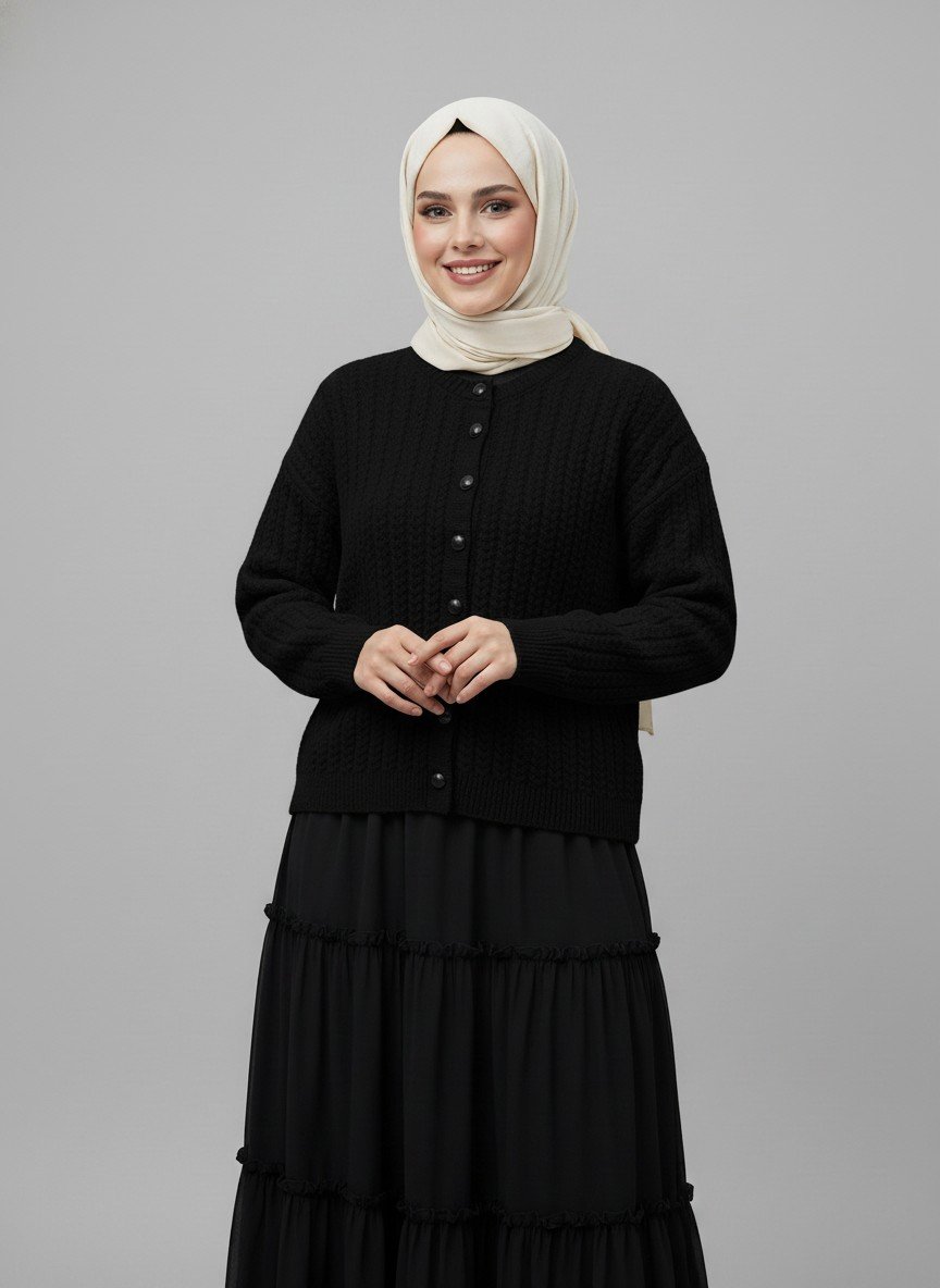 Alkai Boncuk Düğmeli Kısa Triko Hırka-Zİ7018 Siyah