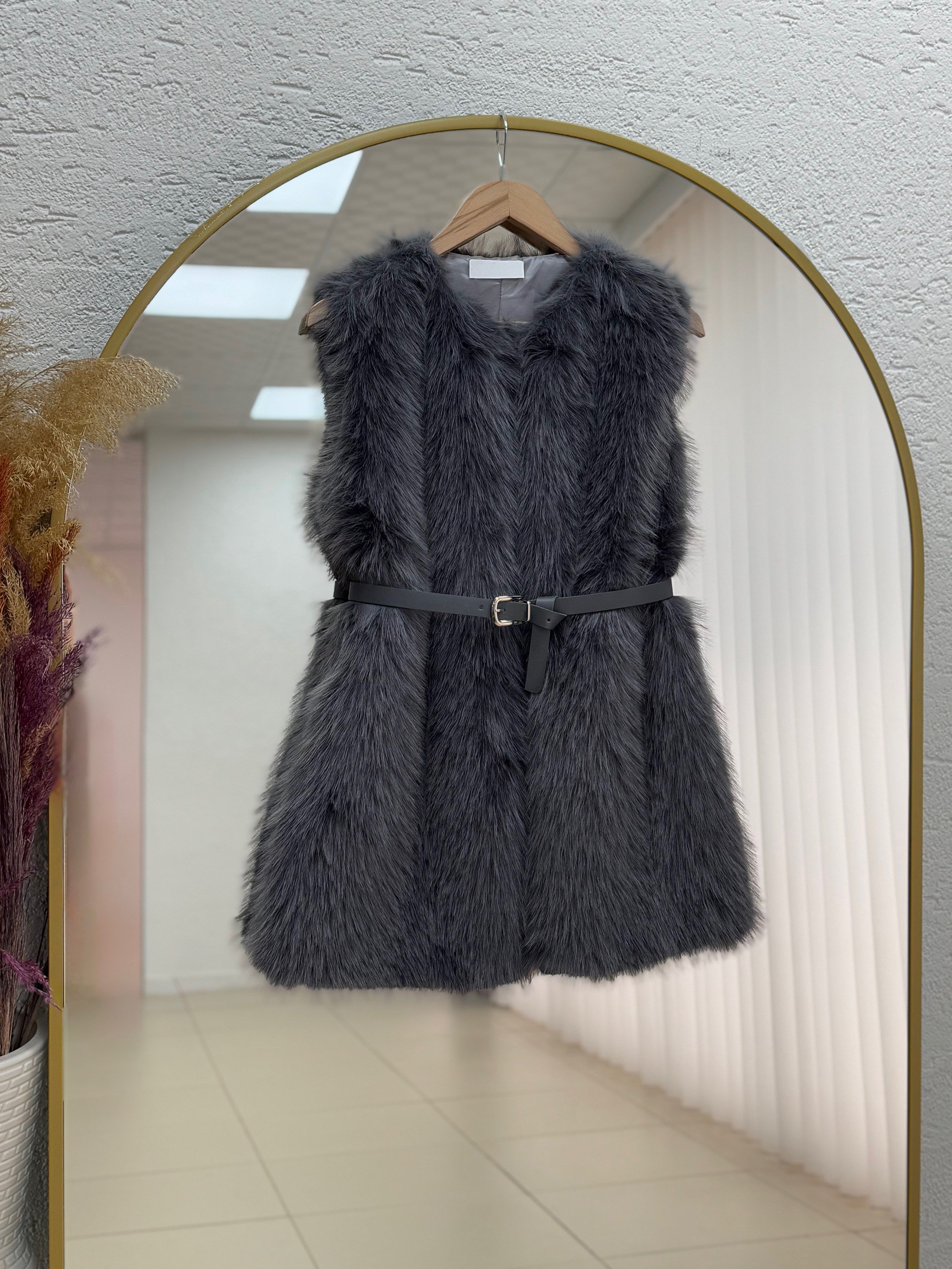 Almah Astarlı Tüylü Kemerli Yelek-EN2205 Antrasit