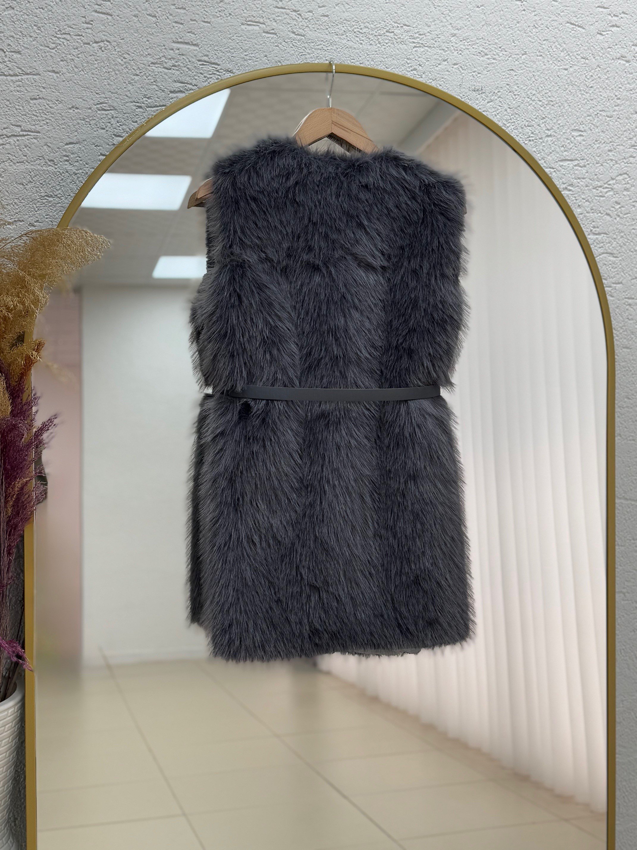 Almah Astarlı Tüylü Kemerli Yelek-EN2205 Antrasit