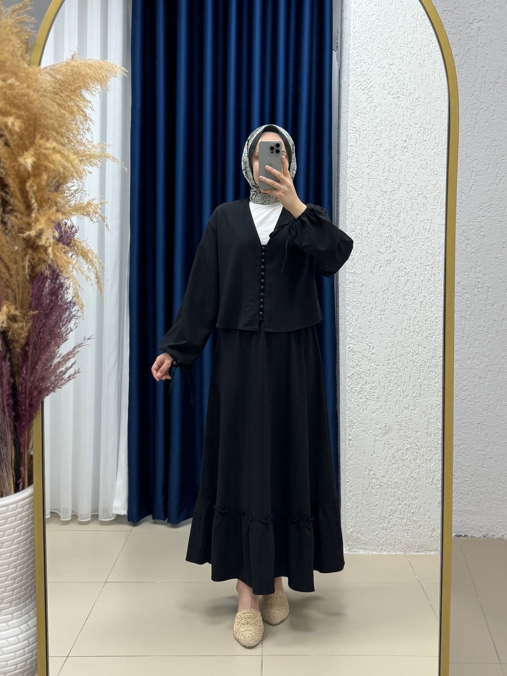 Ascona Kol Bağcıklı Boydan Düğmeli Etek Fırfırlı Dubai Takım-EK459 Siyah