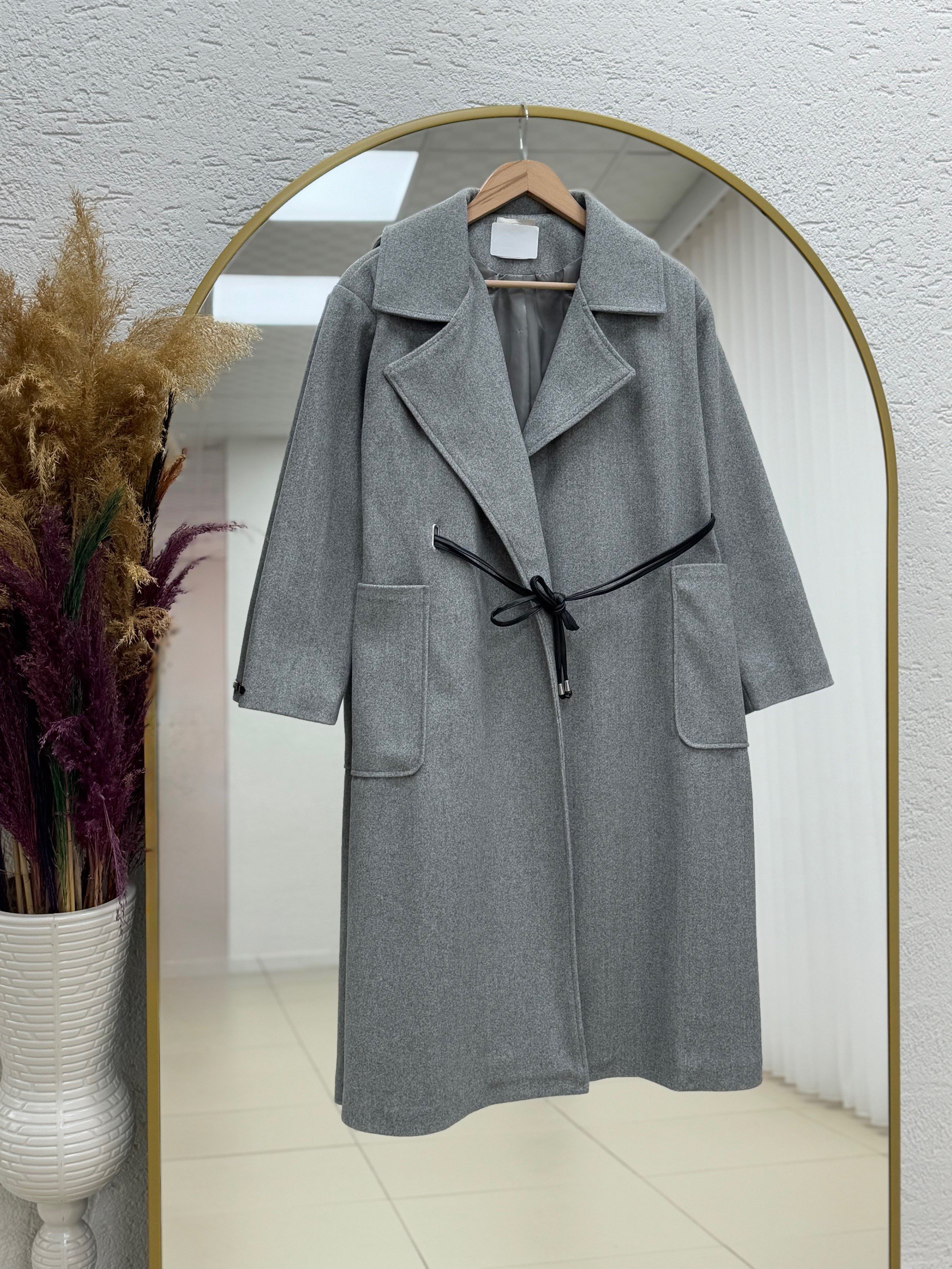 Asira Çift Cepli Deri Kemerli Kaşe Kaban-EN2189 Gri