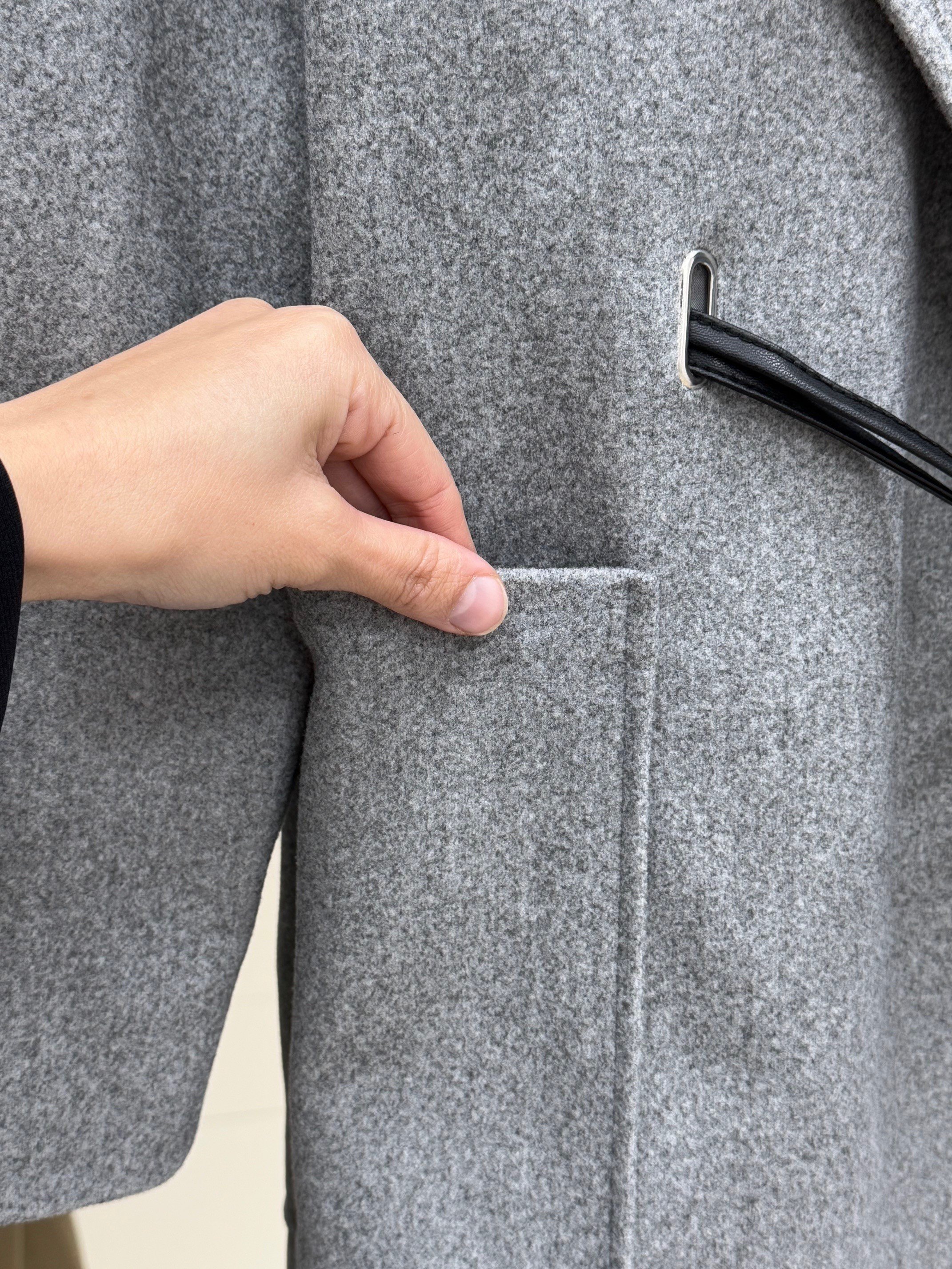 Asira Çift Cepli Deri Kemerli Kaşe Kaban-EN2189 Gri