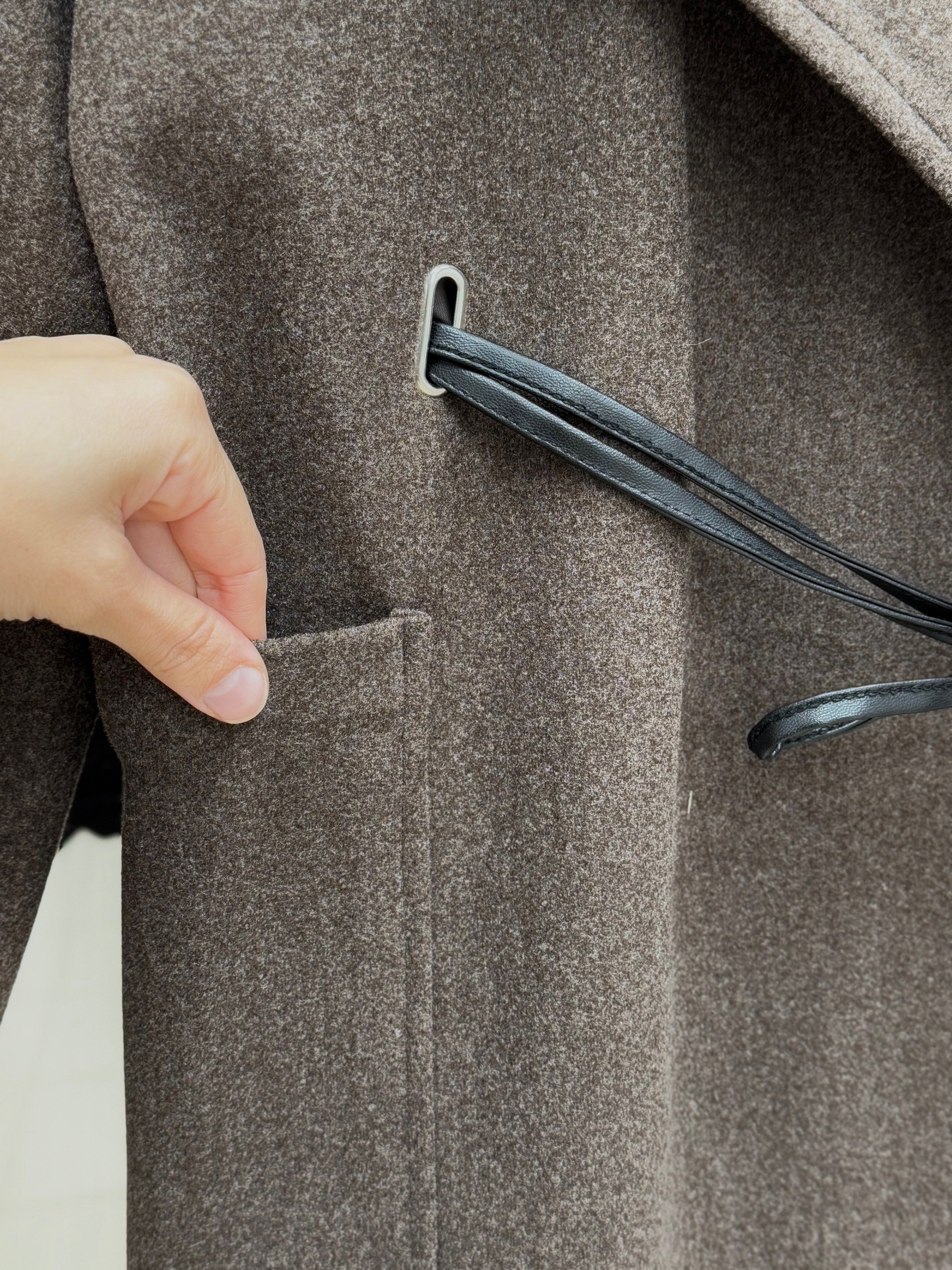 Asira Çift Cepli Deri Kemerli Kaşe Kaban-EN2189 Kahve