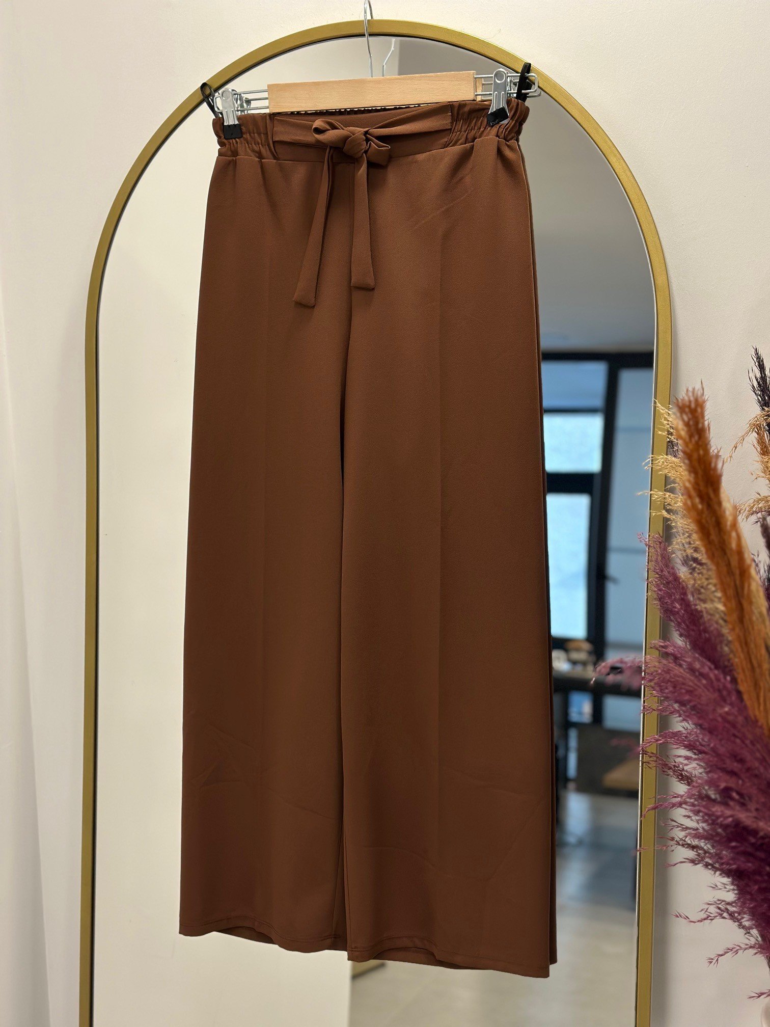 Asu Kuşaklı Bol Paça Pantolon-MT1445 Kahve